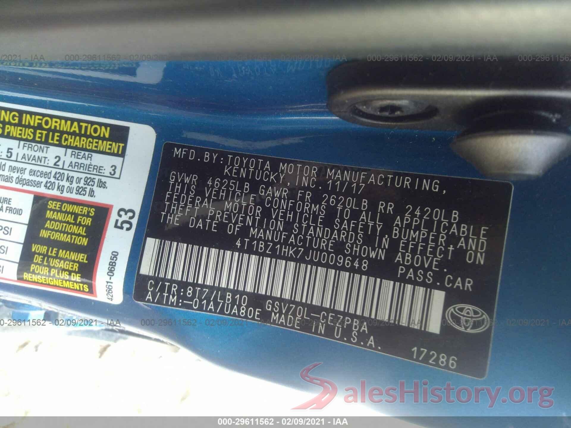 4T1BZ1HK7JU009648 2018 TOYOTA CAMRY