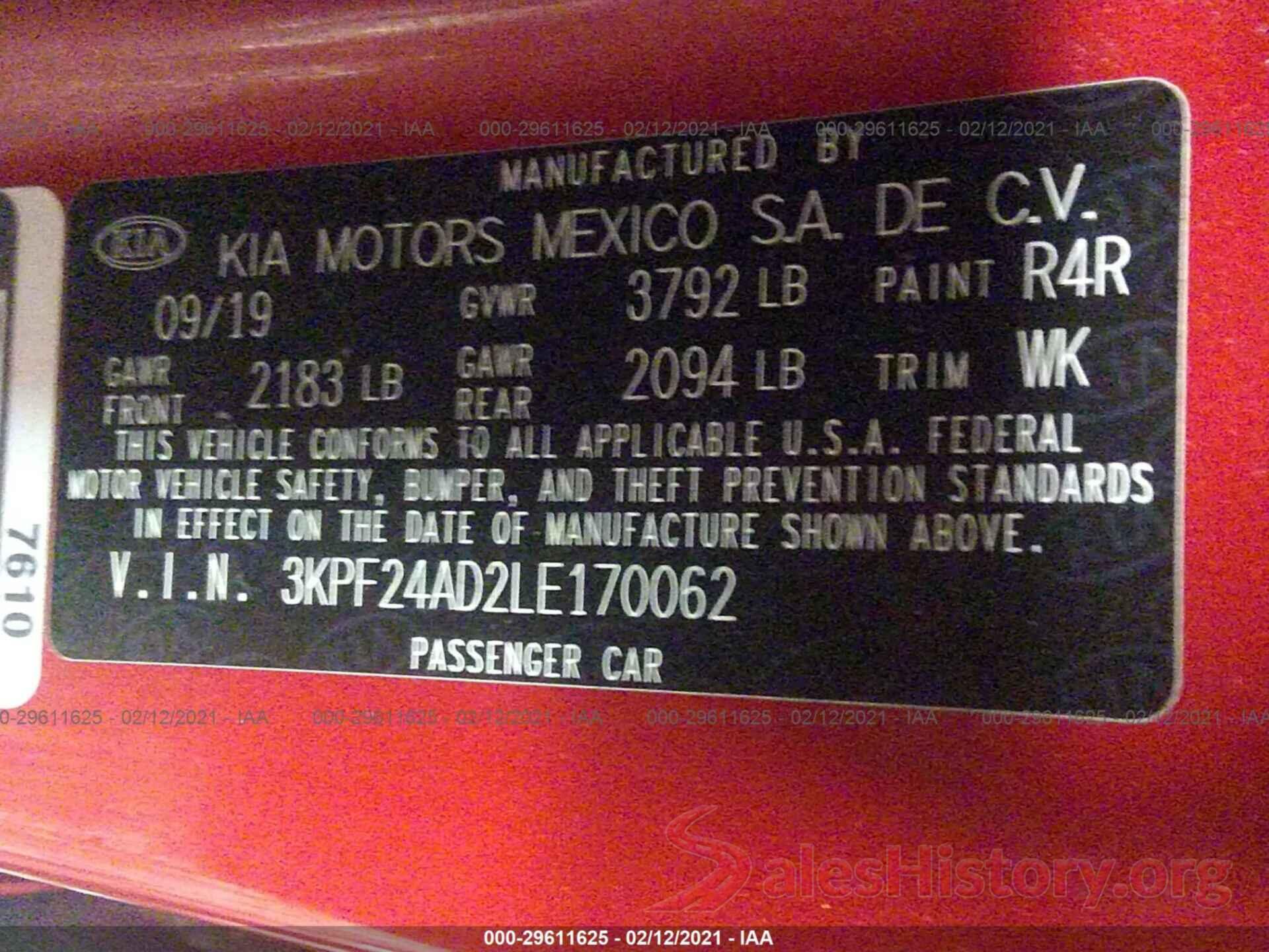 3KPF24AD2LE170062 2020 KIA FORTE