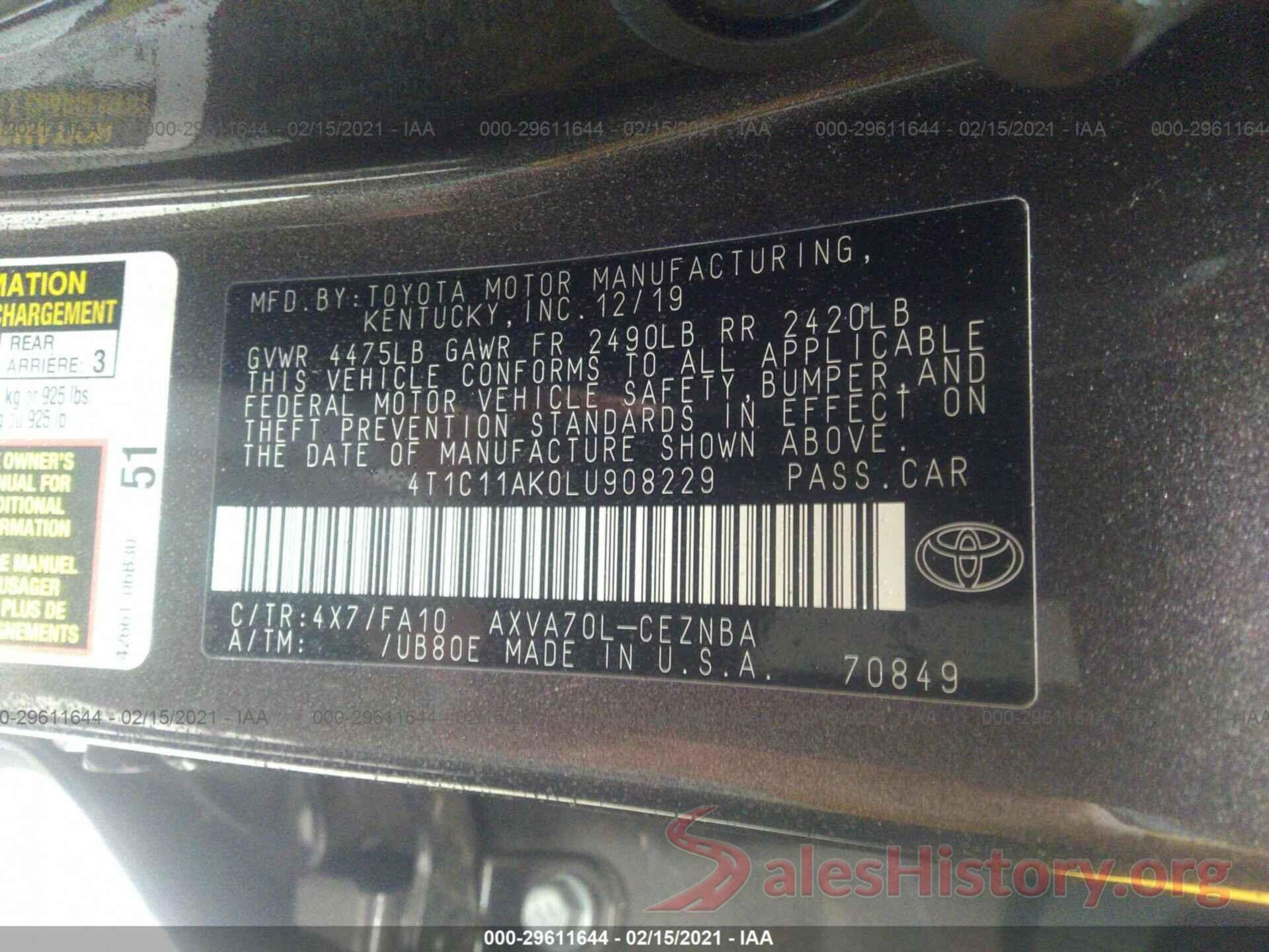 4T1C11AK0LU908229 2020 TOYOTA CAMRY