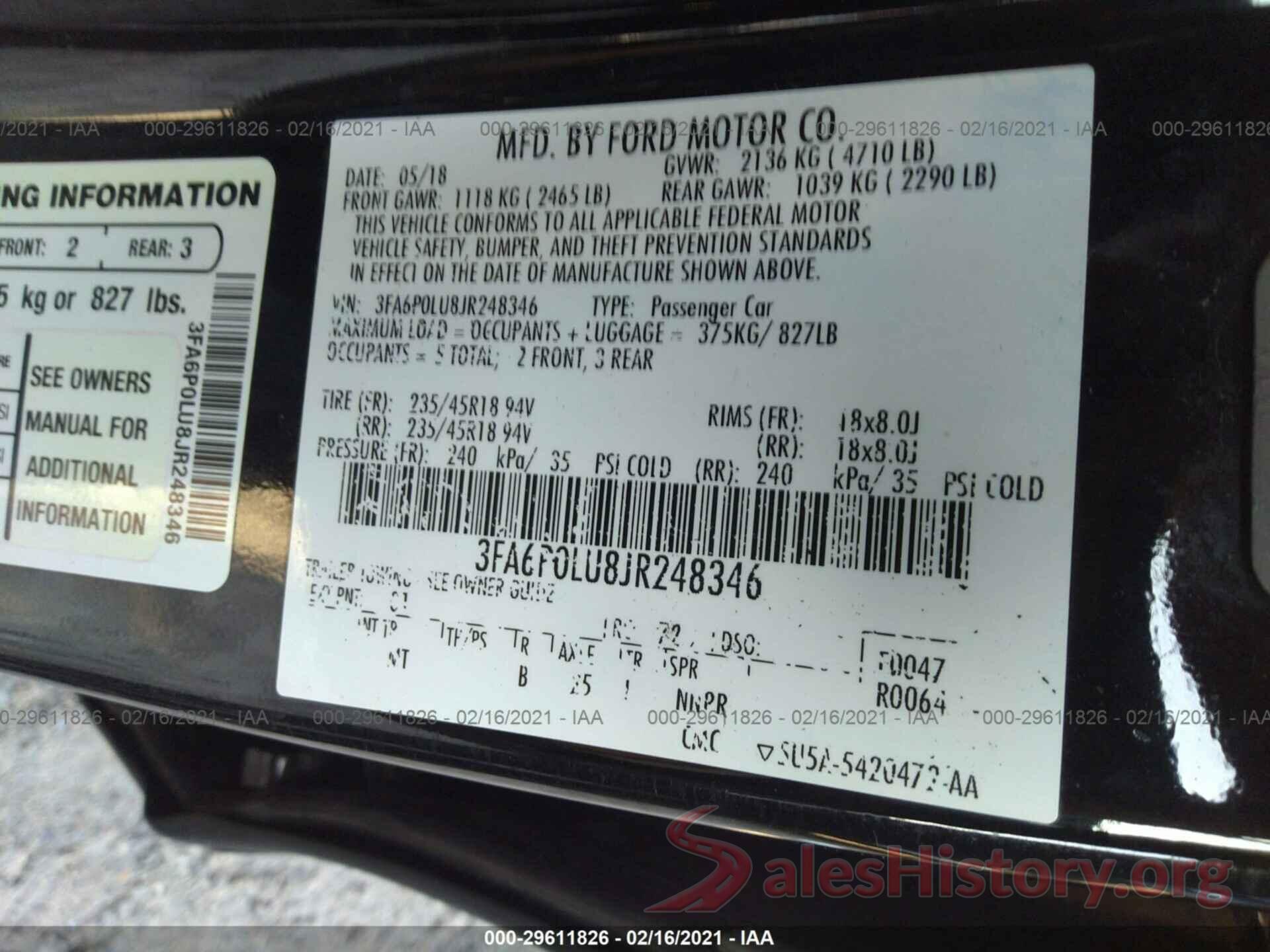 3FA6P0LU8JR248346 2018 FORD FUSION HYBRID