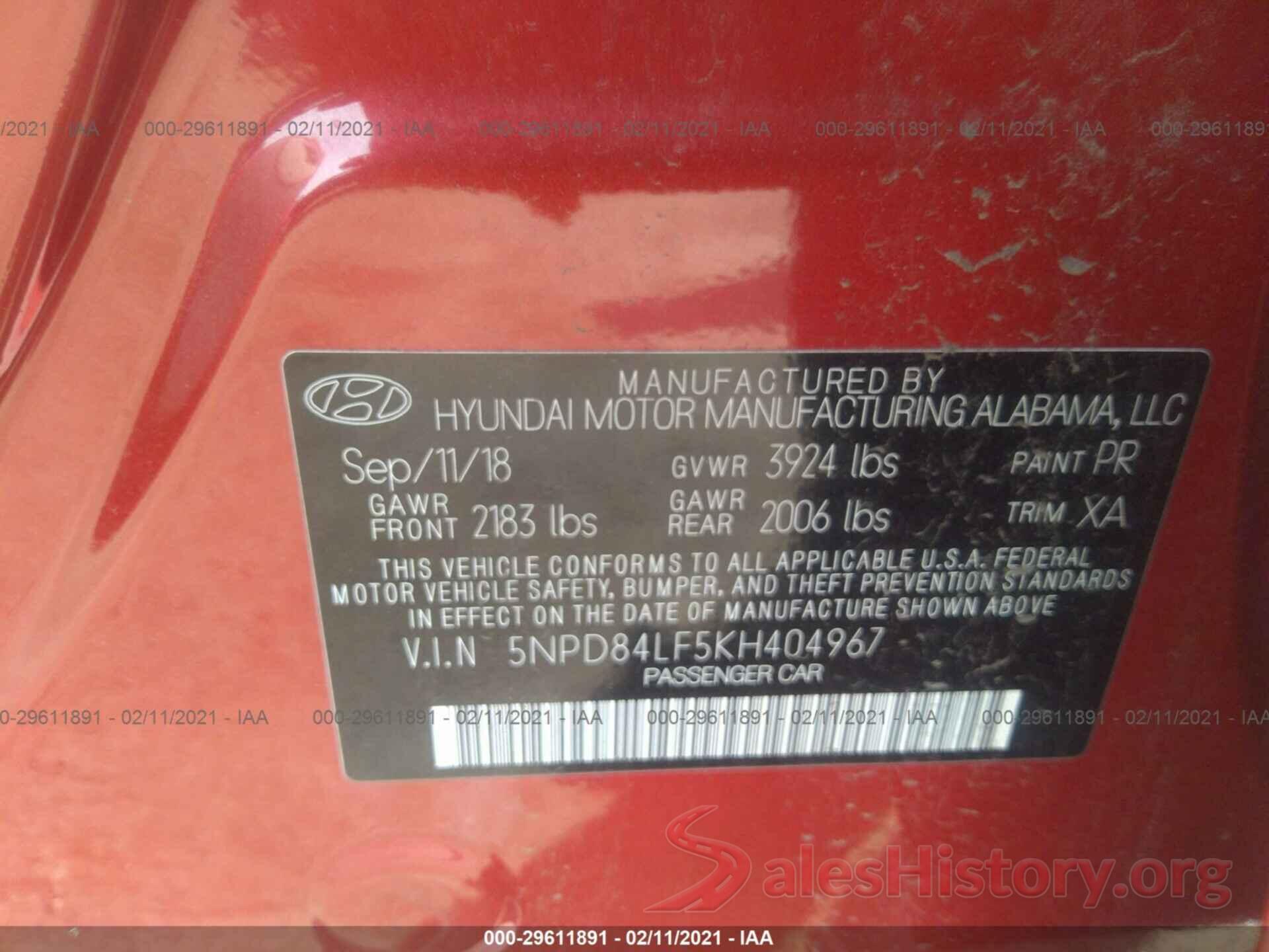 5NPD84LF5KH404967 2019 HYUNDAI ELANTRA