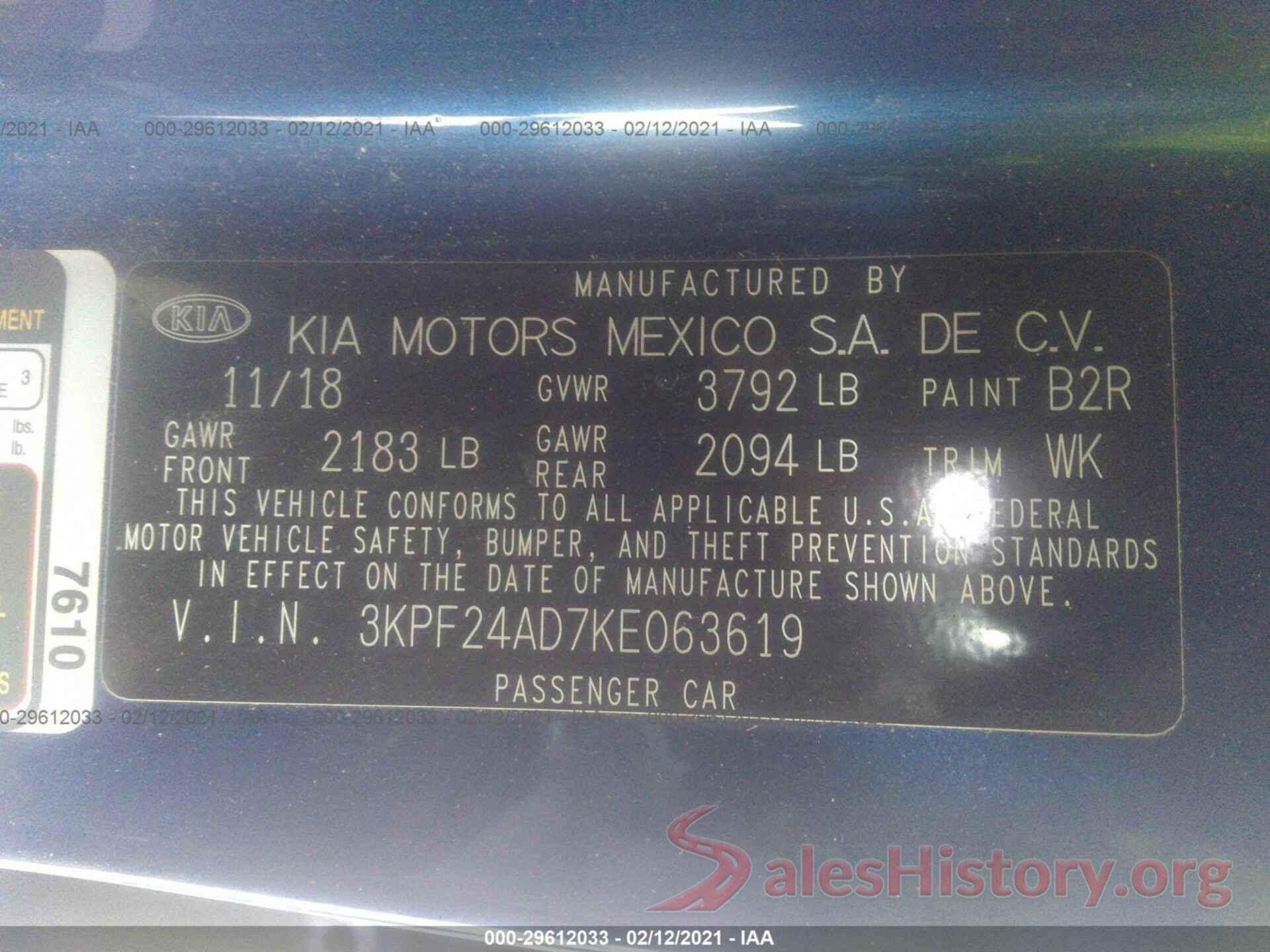 3KPF24AD7KE063619 2019 KIA FORTE