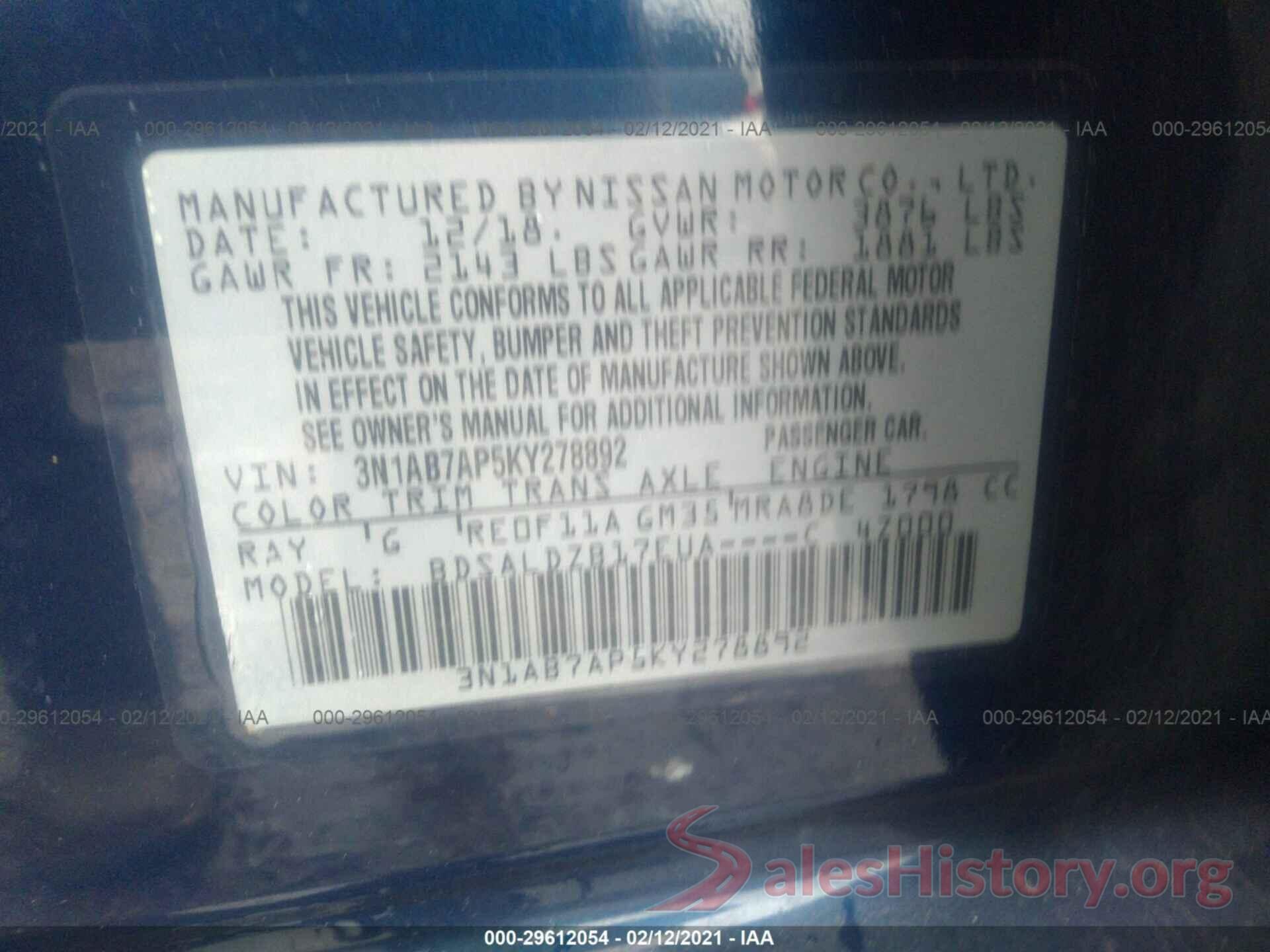 3N1AB7AP5KY278892 2019 NISSAN SENTRA