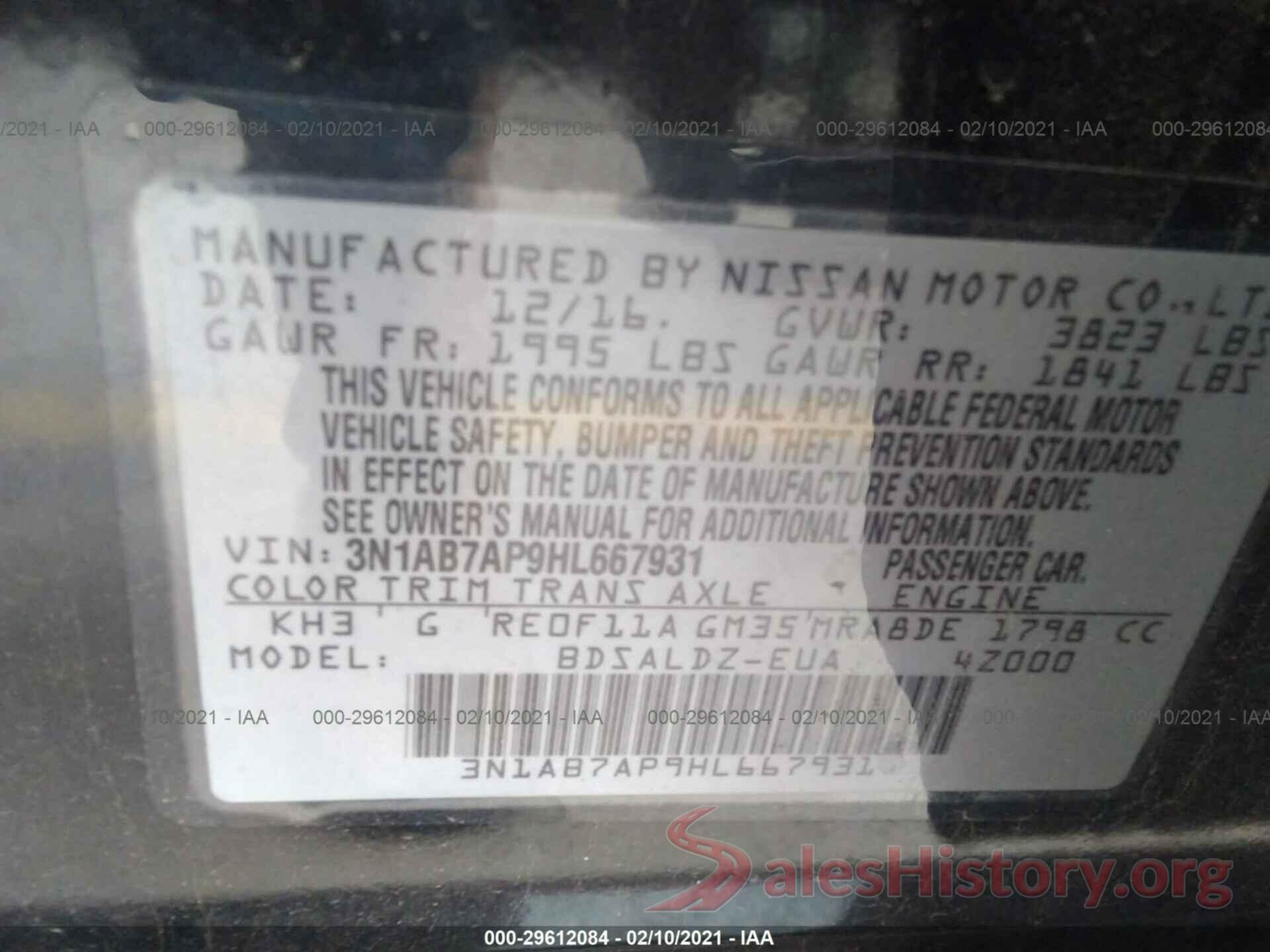 3N1AB7AP9HL667931 2017 NISSAN SENTRA