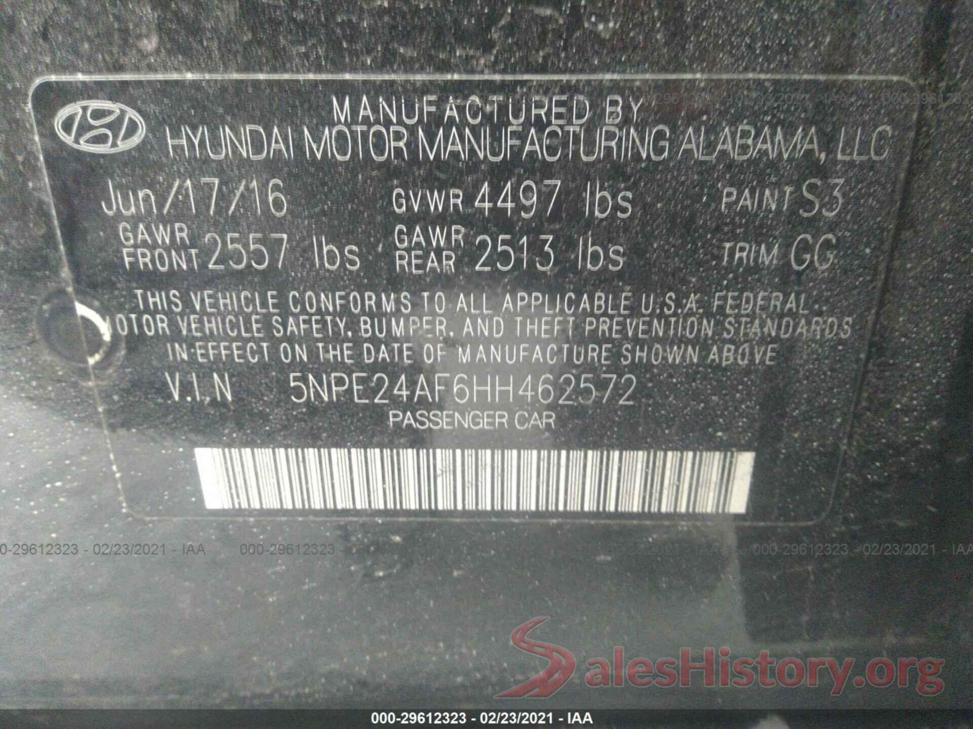 5NPE24AF6HH462572 2017 HYUNDAI SONATA