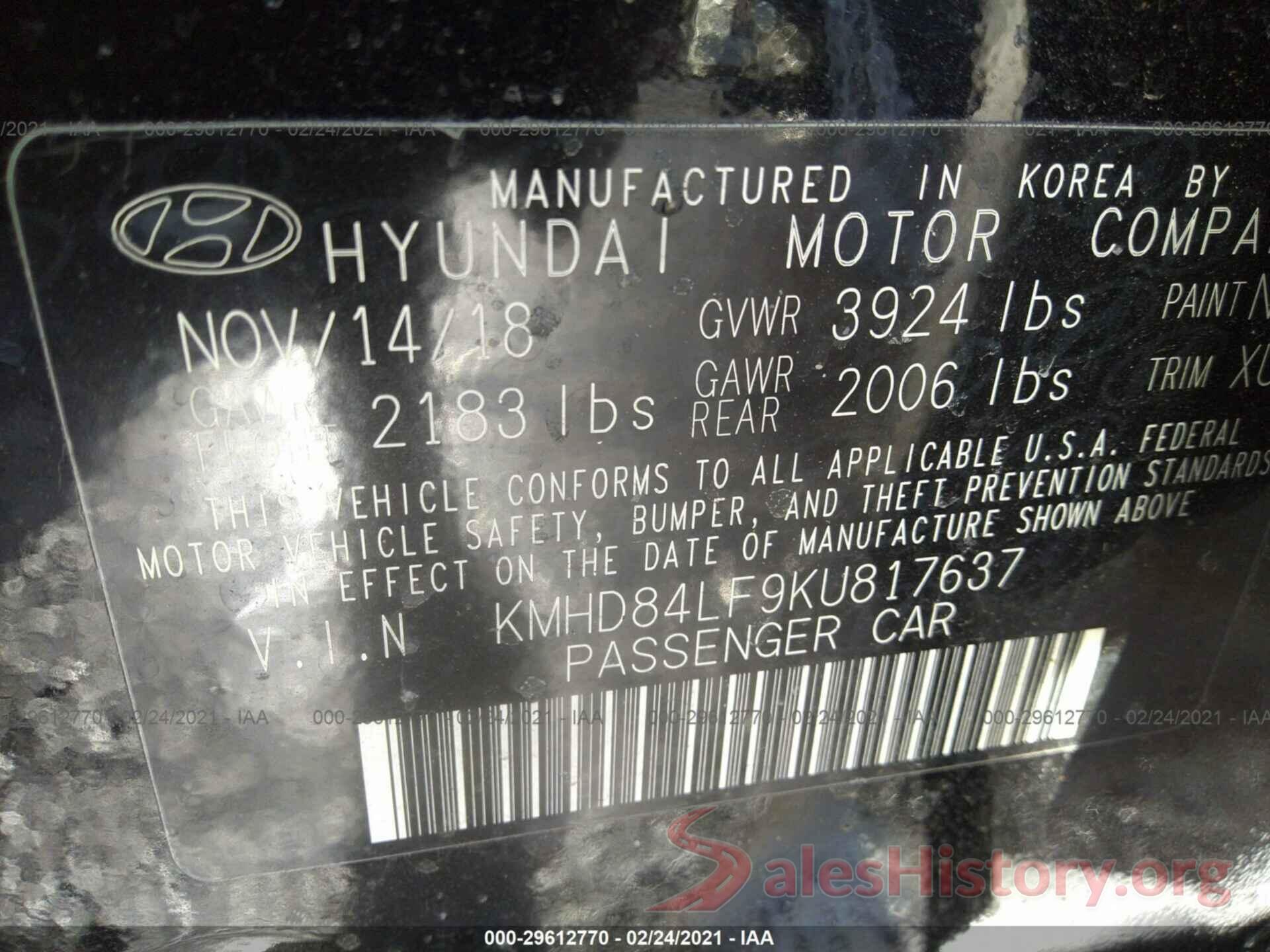 KMHD84LF9KU817637 2019 HYUNDAI ELANTRA