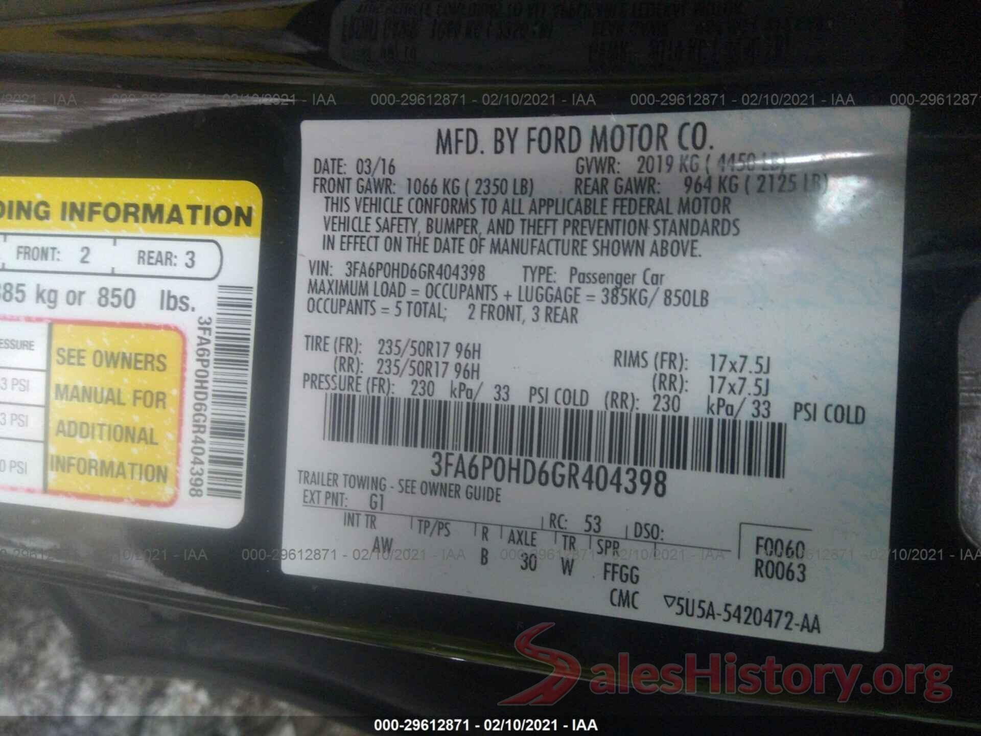 3FA6P0HD6GR404398 2016 FORD FUSION