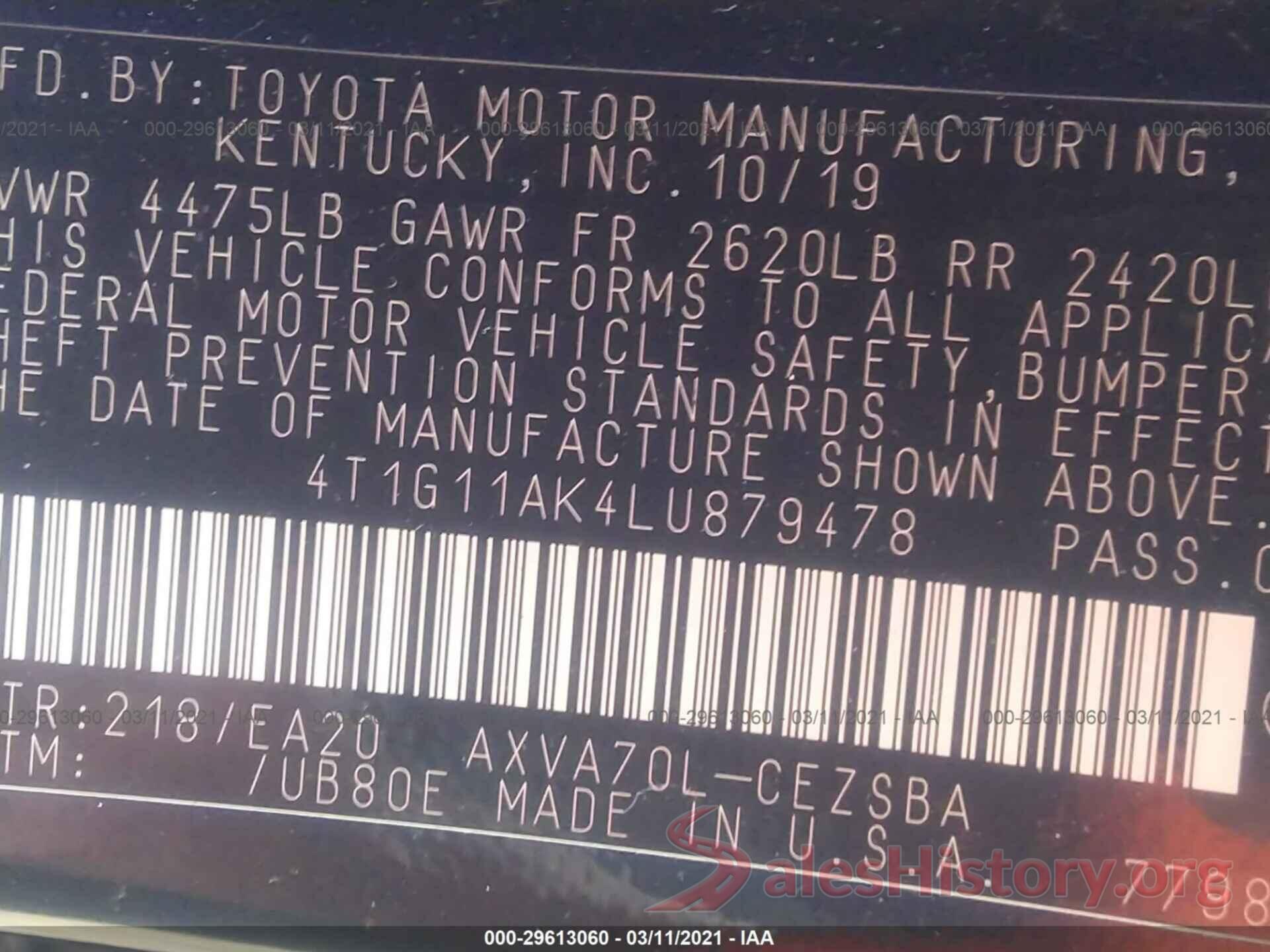 4T1G11AK4LU879478 2020 TOYOTA CAMRY