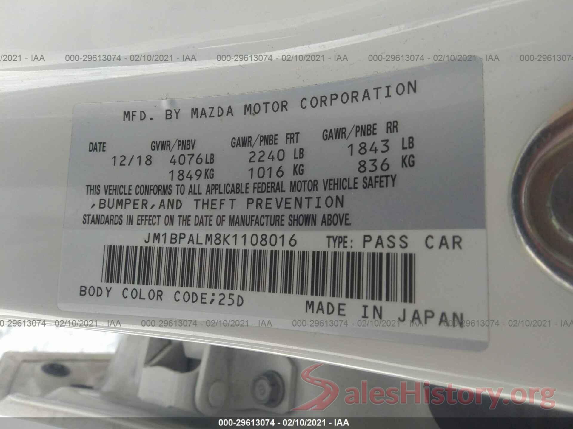 JM1BPALM8K1108016 2019 MAZDA MAZDA3 HATCHBACK