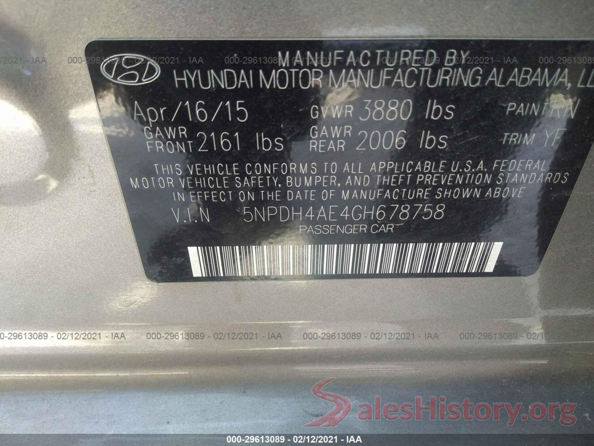 5NPDH4AE4GH678758 2016 HYUNDAI ELANTRA