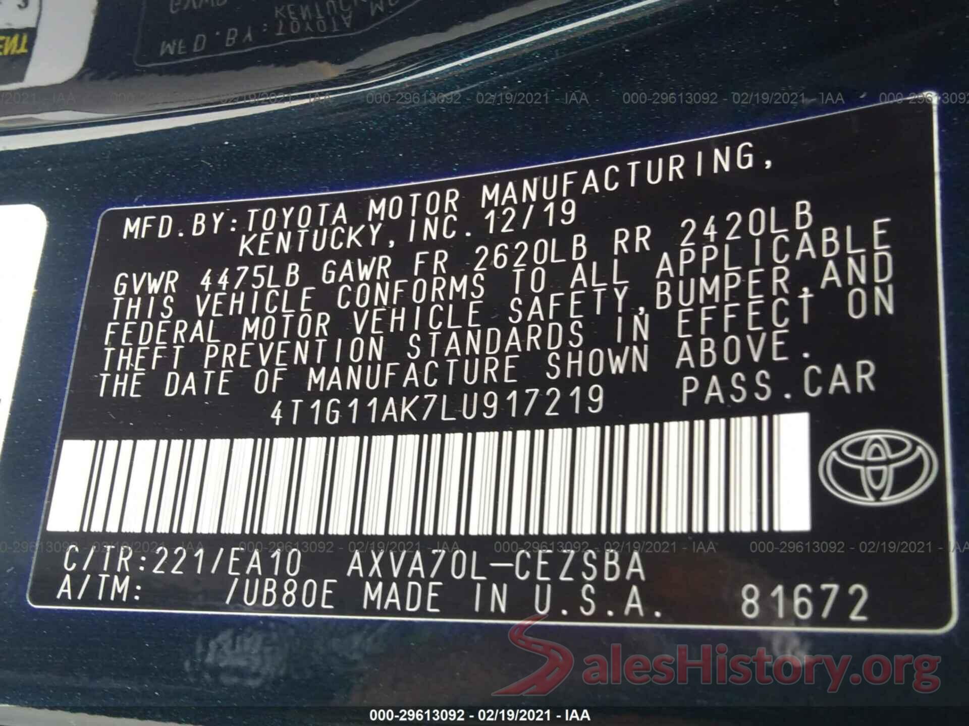 4T1G11AK7LU917219 2020 TOYOTA CAMRY