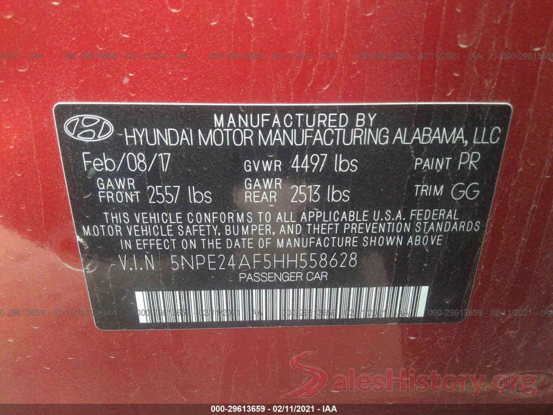 5NPE24AF5HH558628 2017 HYUNDAI SONATA