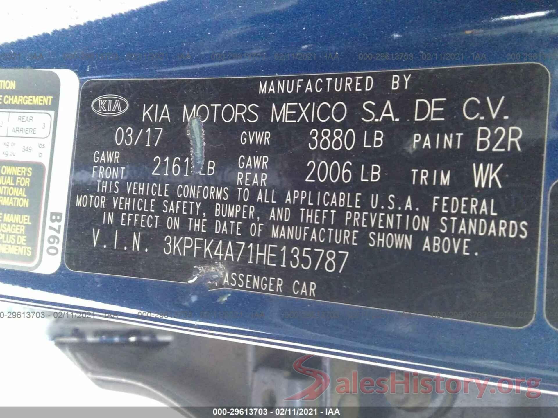 3KPFK4A71HE135787 2017 KIA FORTE