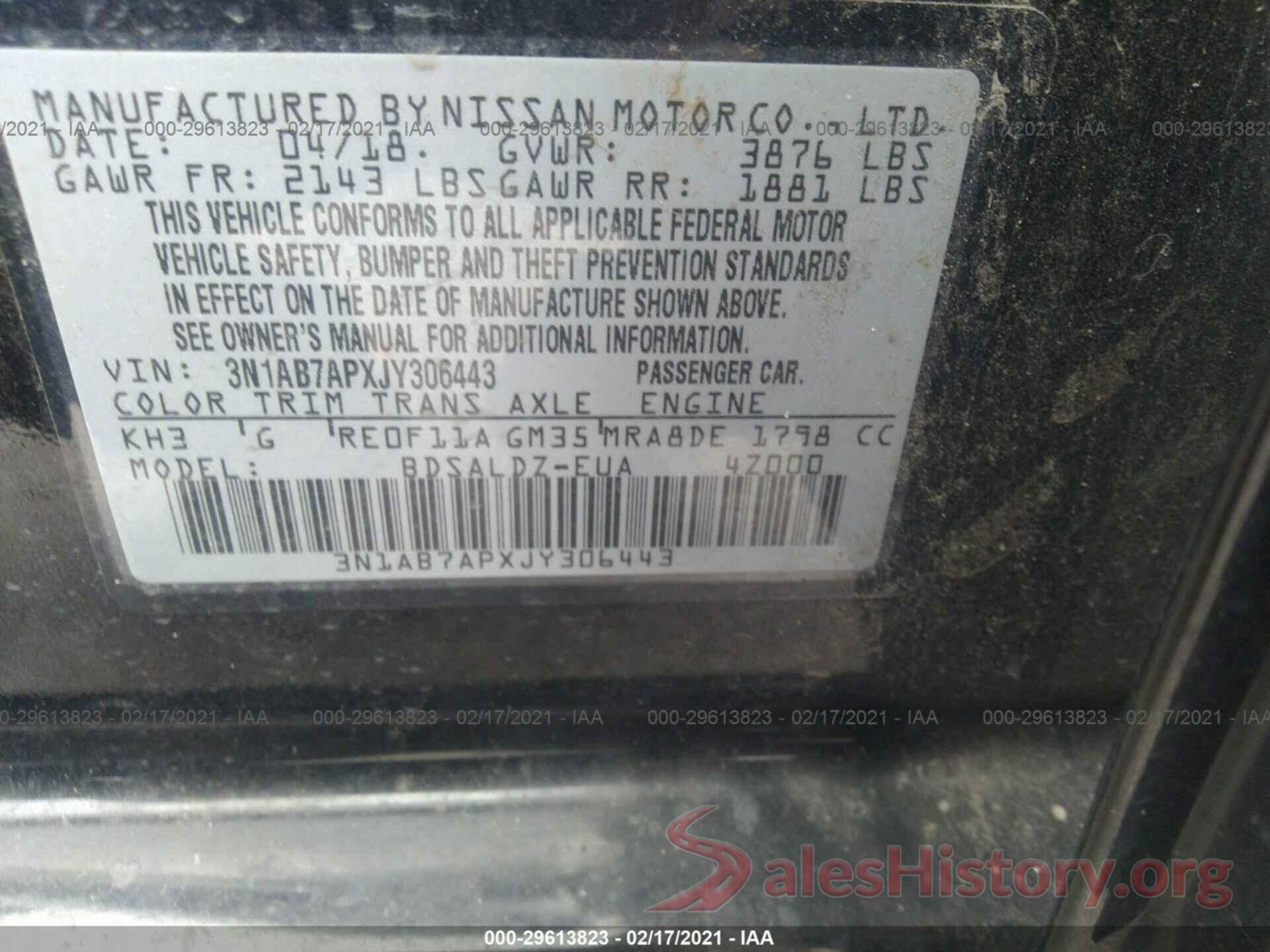 3N1AB7APXJY306443 2018 NISSAN SENTRA