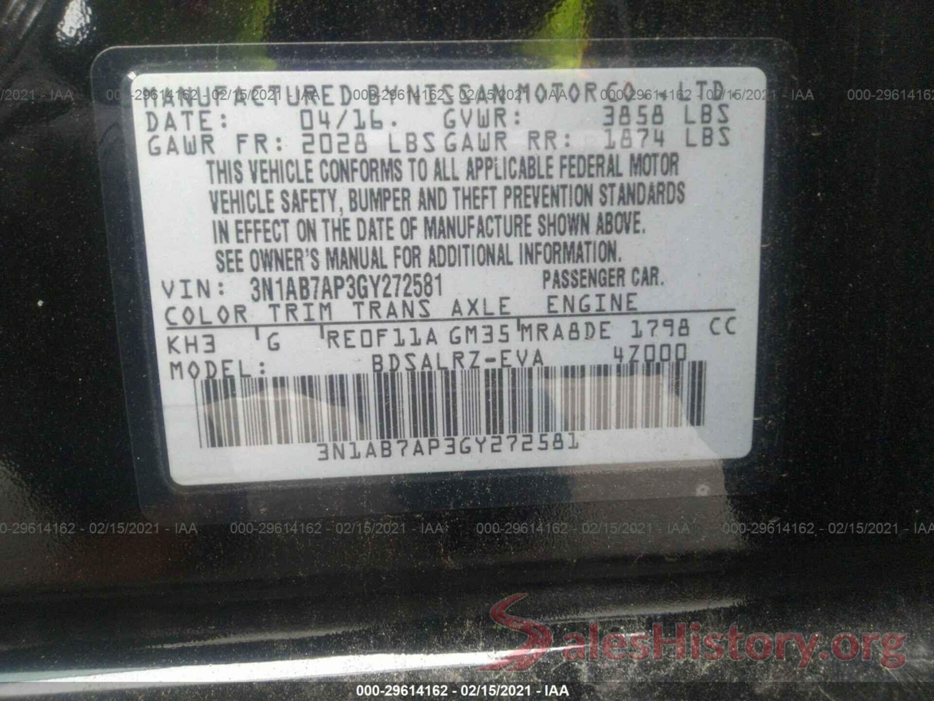 3N1AB7AP3GY272581 2016 NISSAN SENTRA