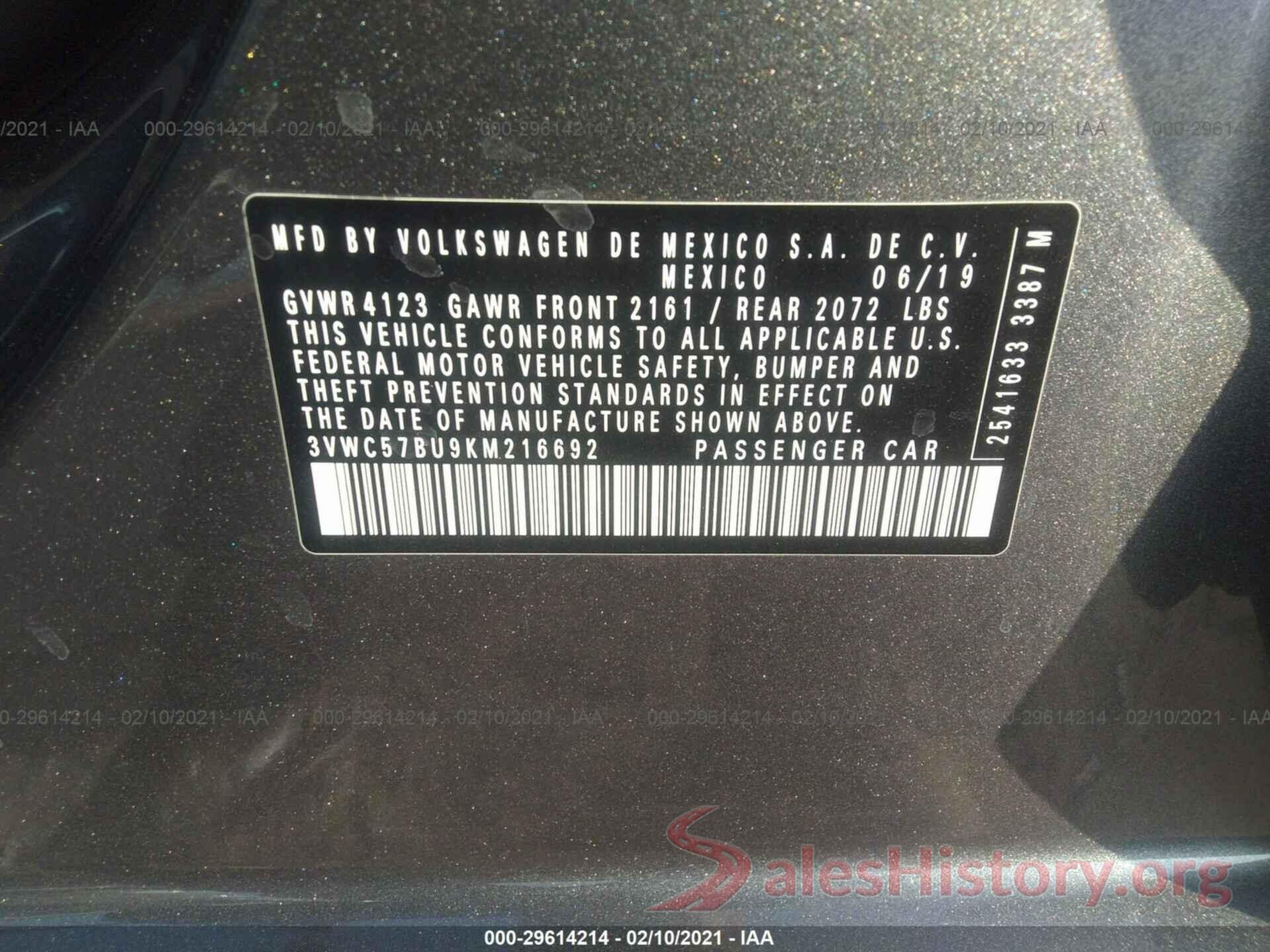 3VWC57BU9KM216692 2019 VOLKSWAGEN JETTA