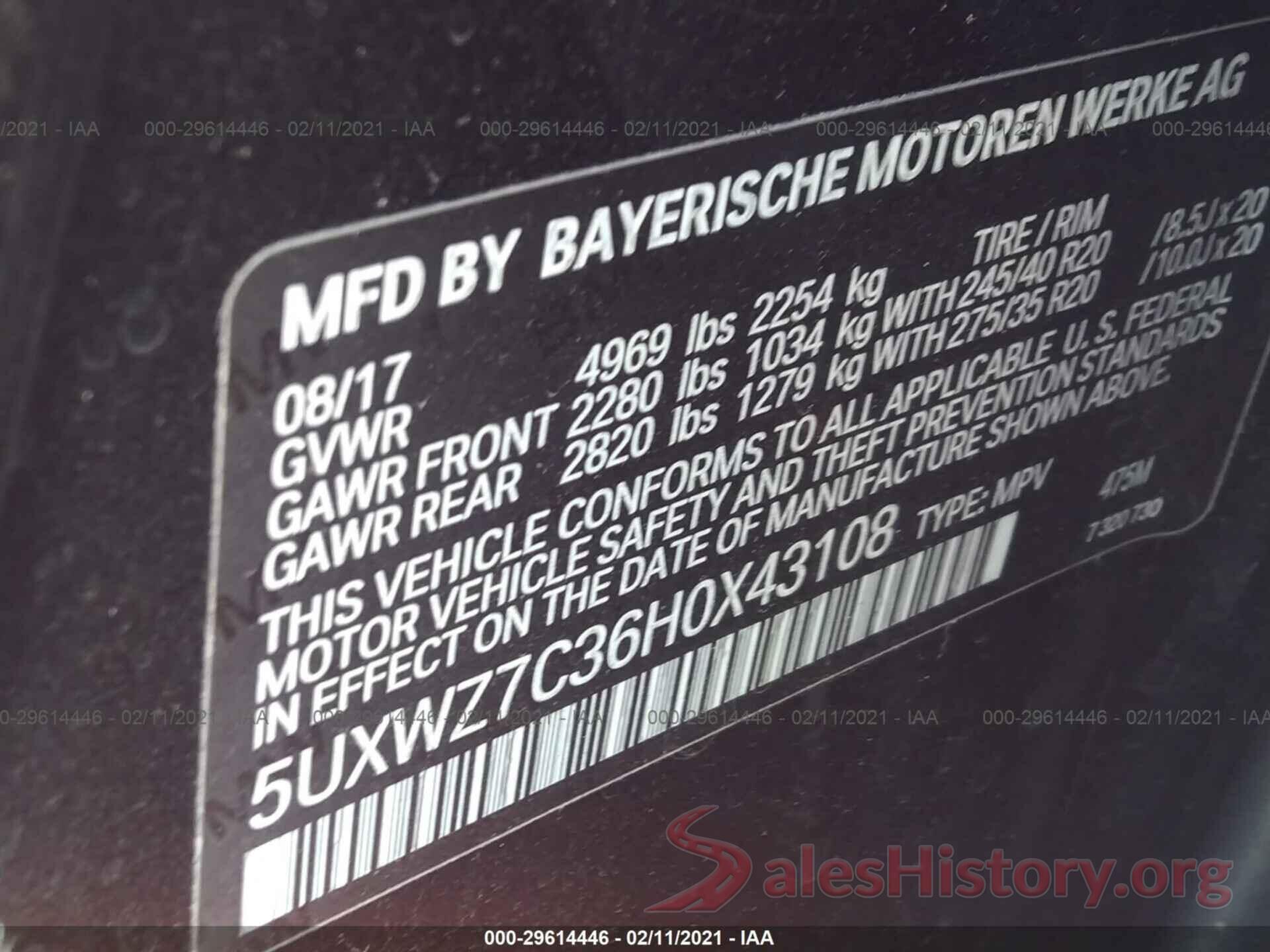 5UXWZ7C36H0X43108 2017 BMW X3