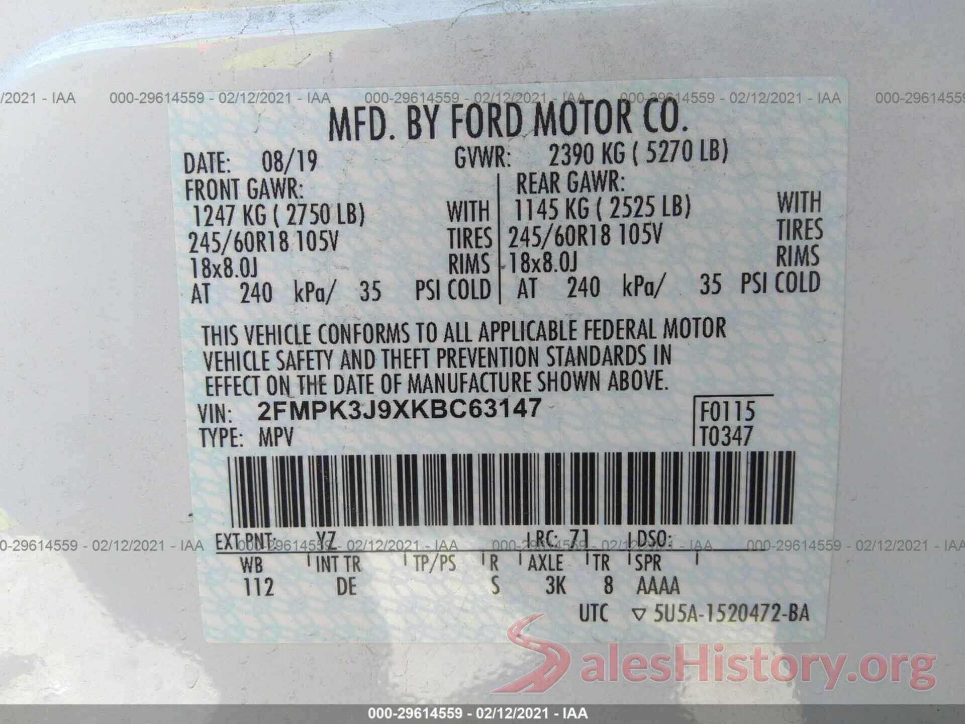 2FMPK3J9XKBC63147 2019 FORD EDGE