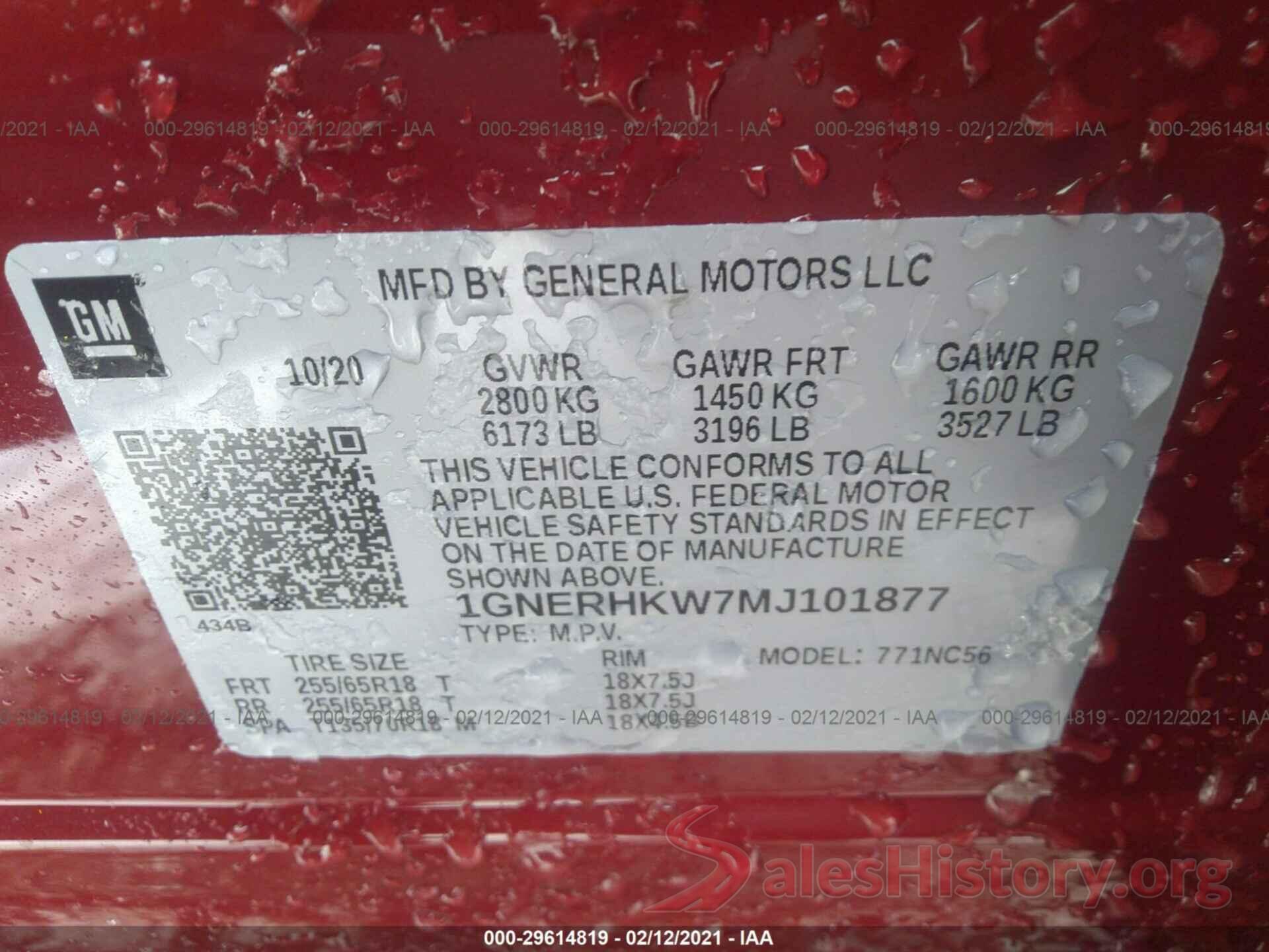 1GNERHKW7MJ101877 2021 CHEVROLET TRAVERSE