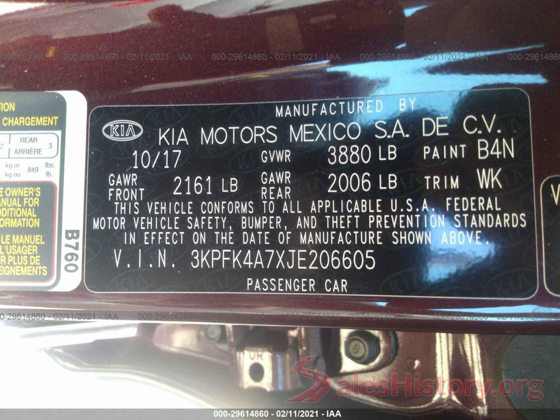 3KPFK4A7XJE206605 2018 KIA FORTE