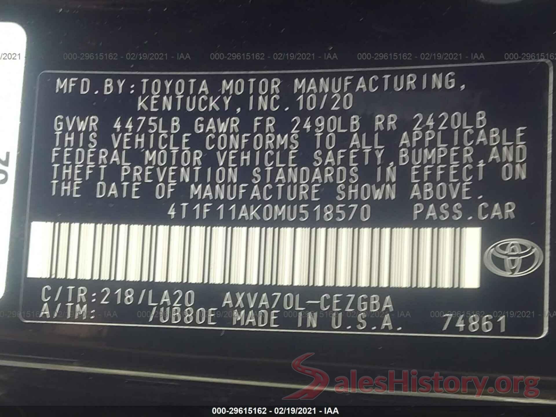 4T1F11AK0MU518570 2021 TOYOTA CAMRY