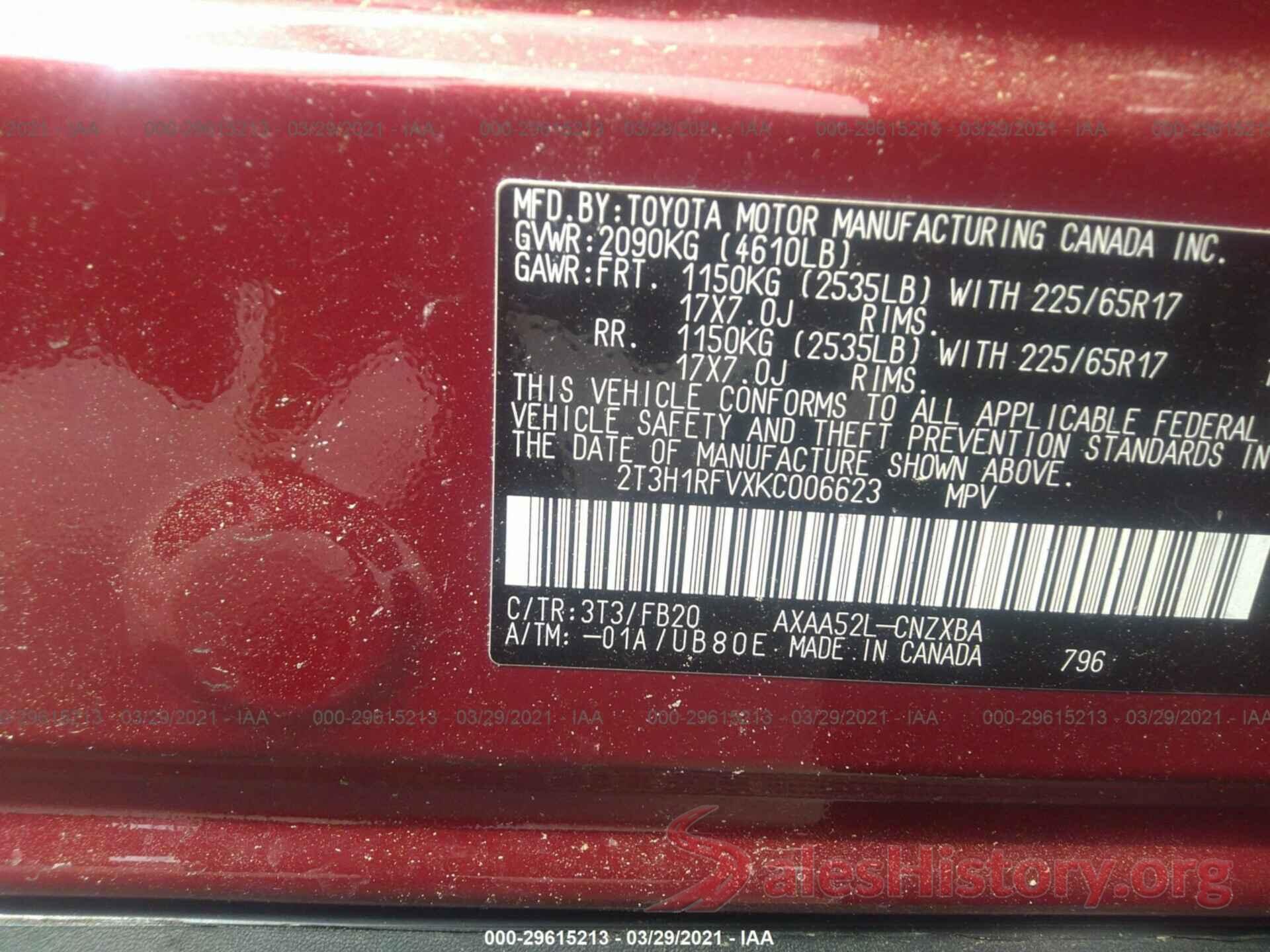 2T3H1RFVXKC006623 2019 TOYOTA RAV4