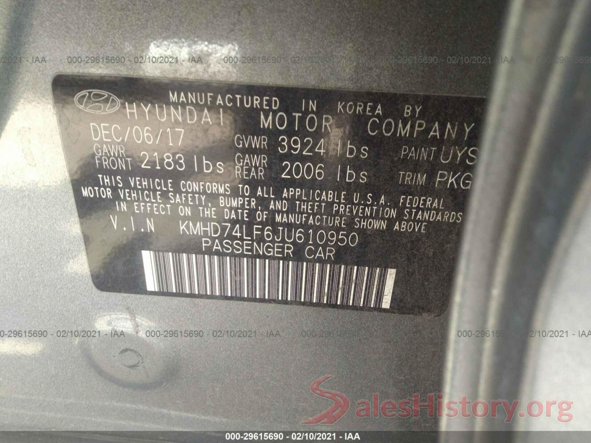 KMHD74LF6JU610950 2018 HYUNDAI ELANTRA