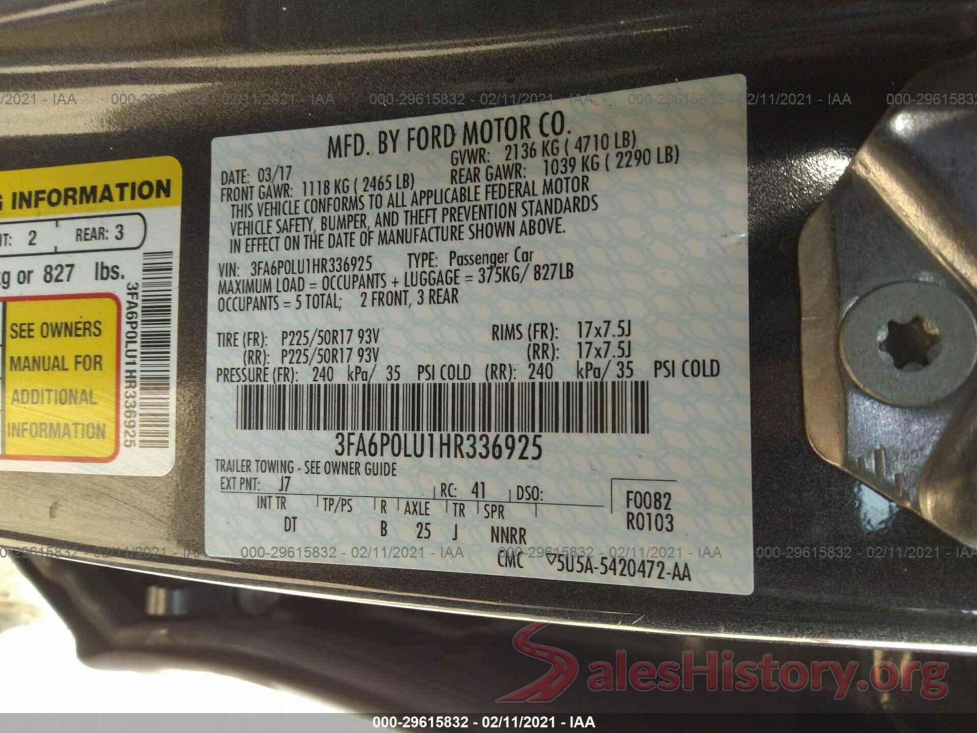 3FA6P0LU1HR336925 2017 FORD FUSION