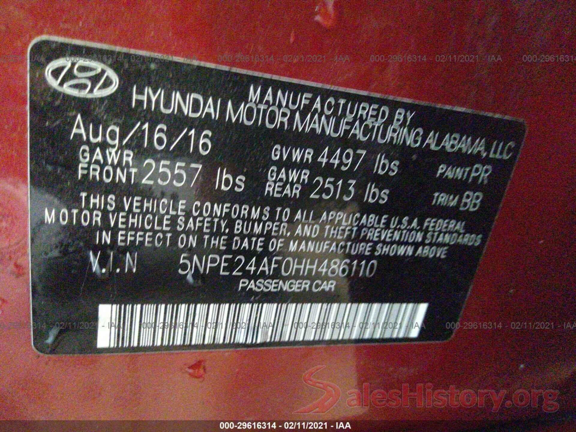 5NPE24AF0HH486110 2017 HYUNDAI SONATA