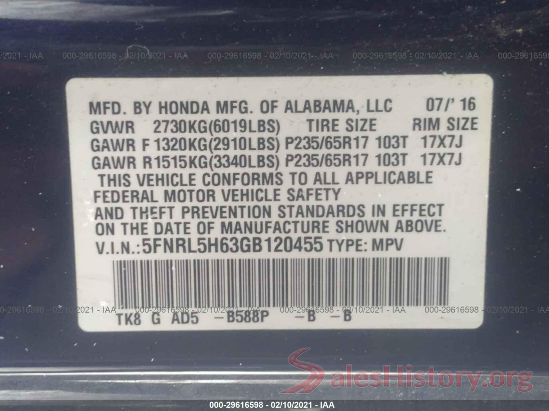 5FNRL5H63GB120455 2016 HONDA ODYSSEY