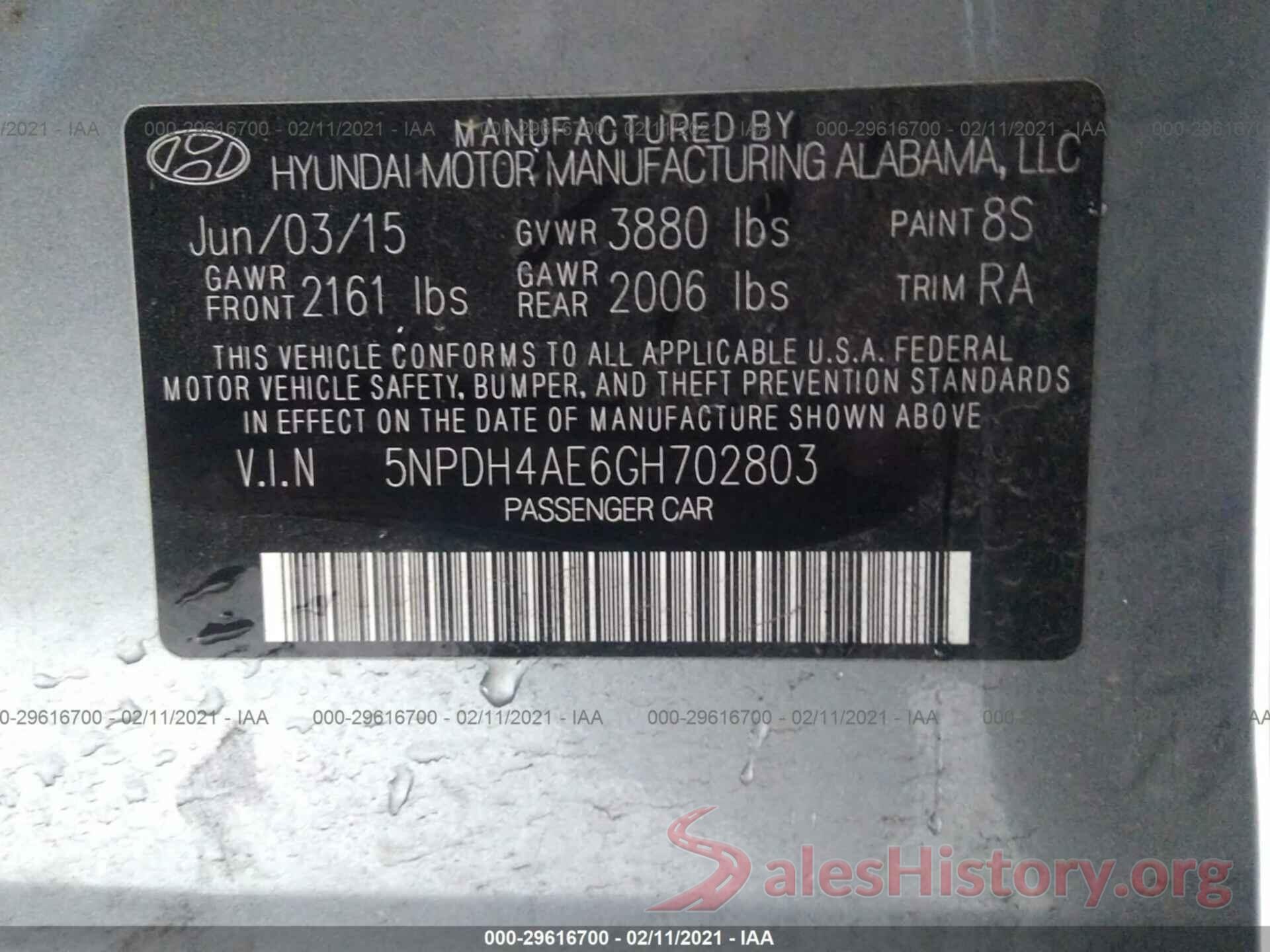 5NPDH4AE6GH702803 2016 HYUNDAI ELANTRA