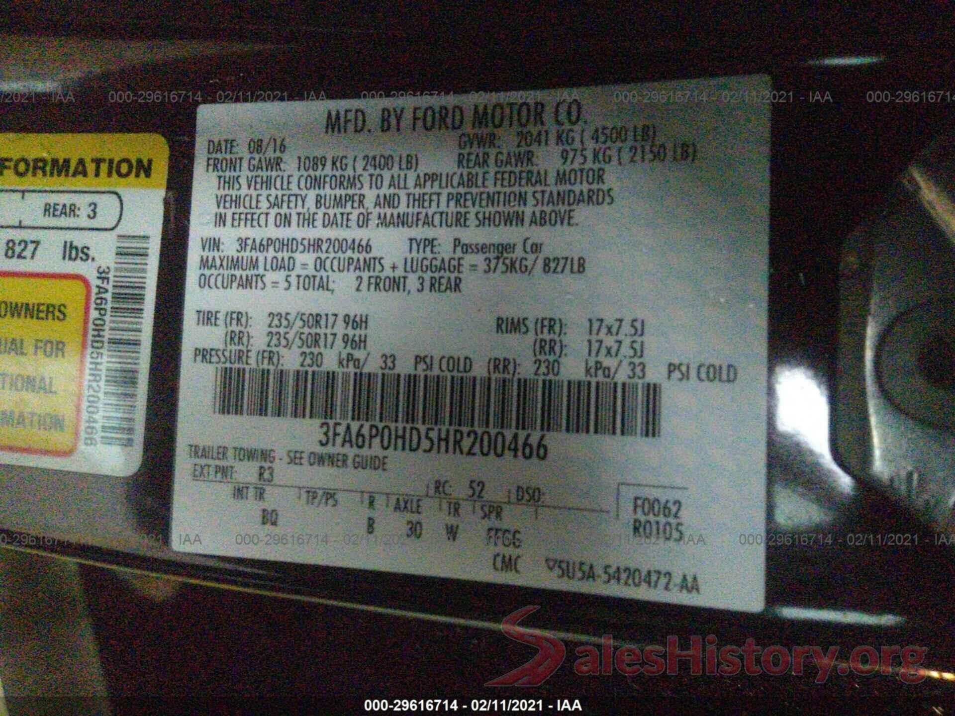 3FA6P0HD5HR200466 2017 FORD FUSION