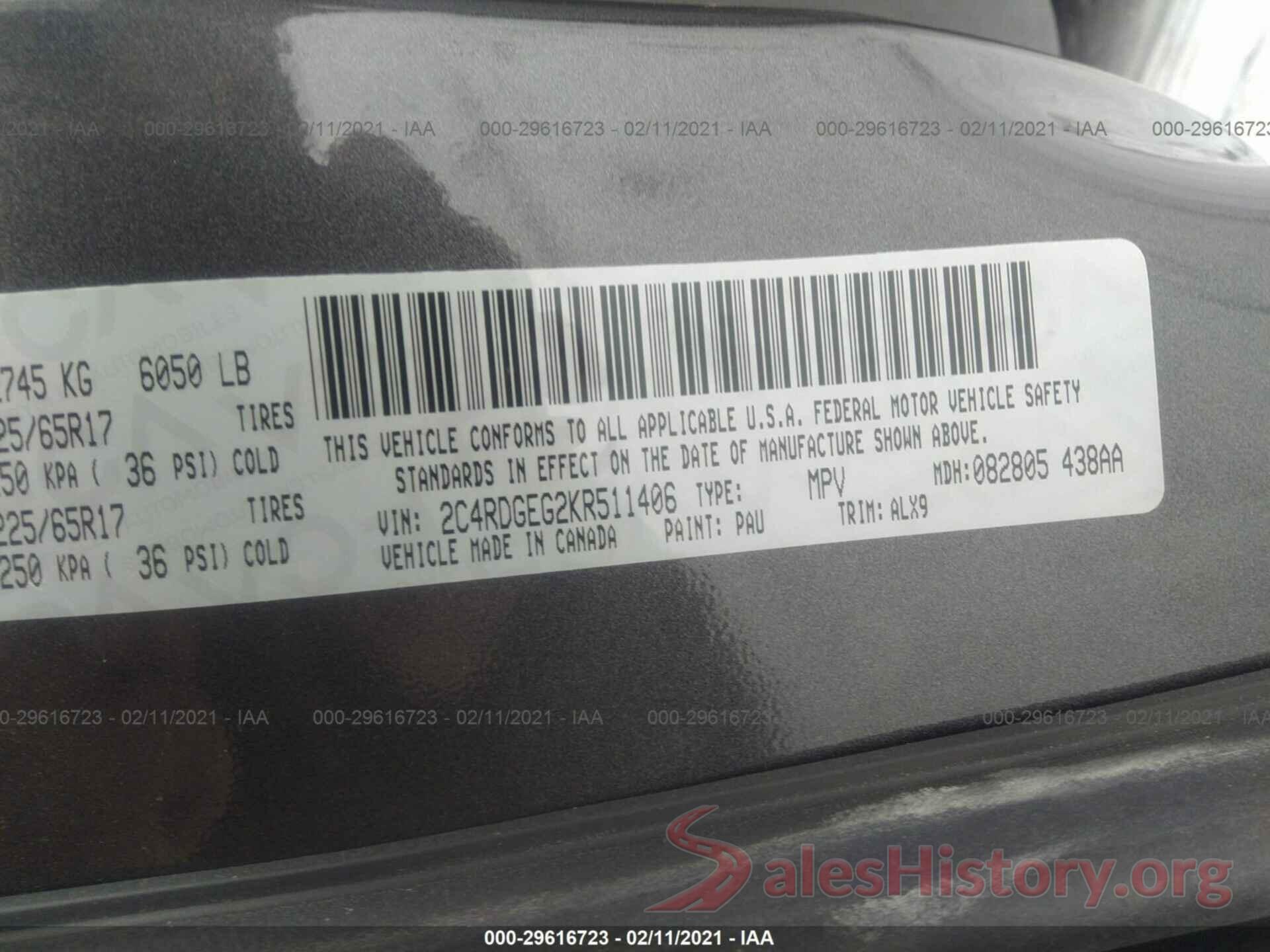 2C4RDGEG2KR511406 2019 DODGE GRAND CARAVAN