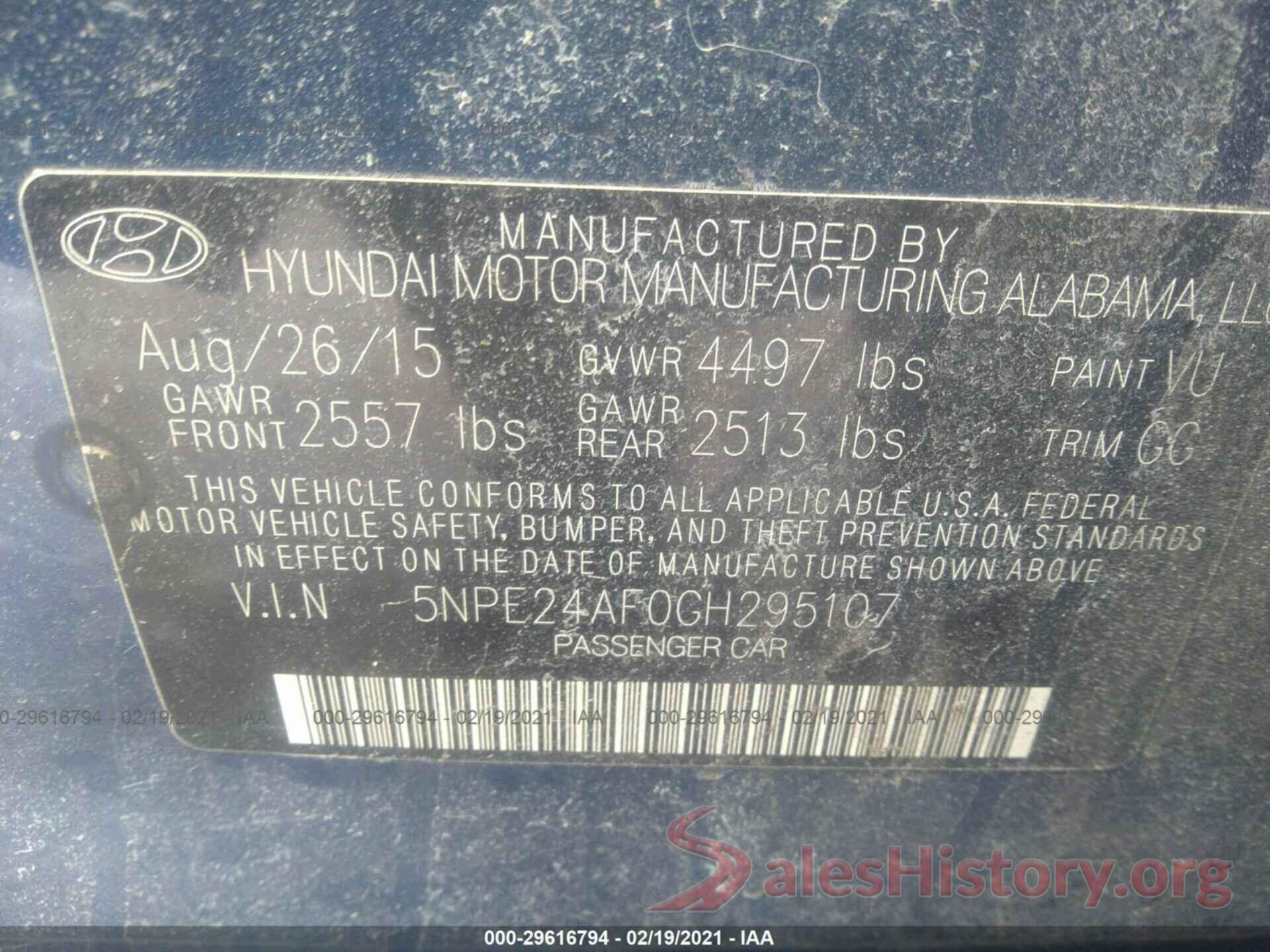 5NPE24AF0GH295107 2016 HYUNDAI SONATA