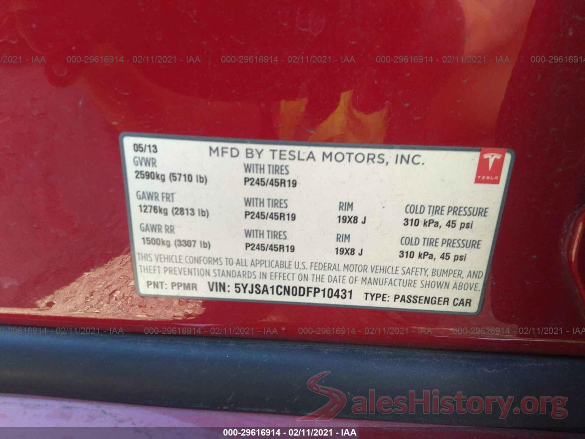 5YJSA1CN0DFP10431 2013 TESLA MODEL S