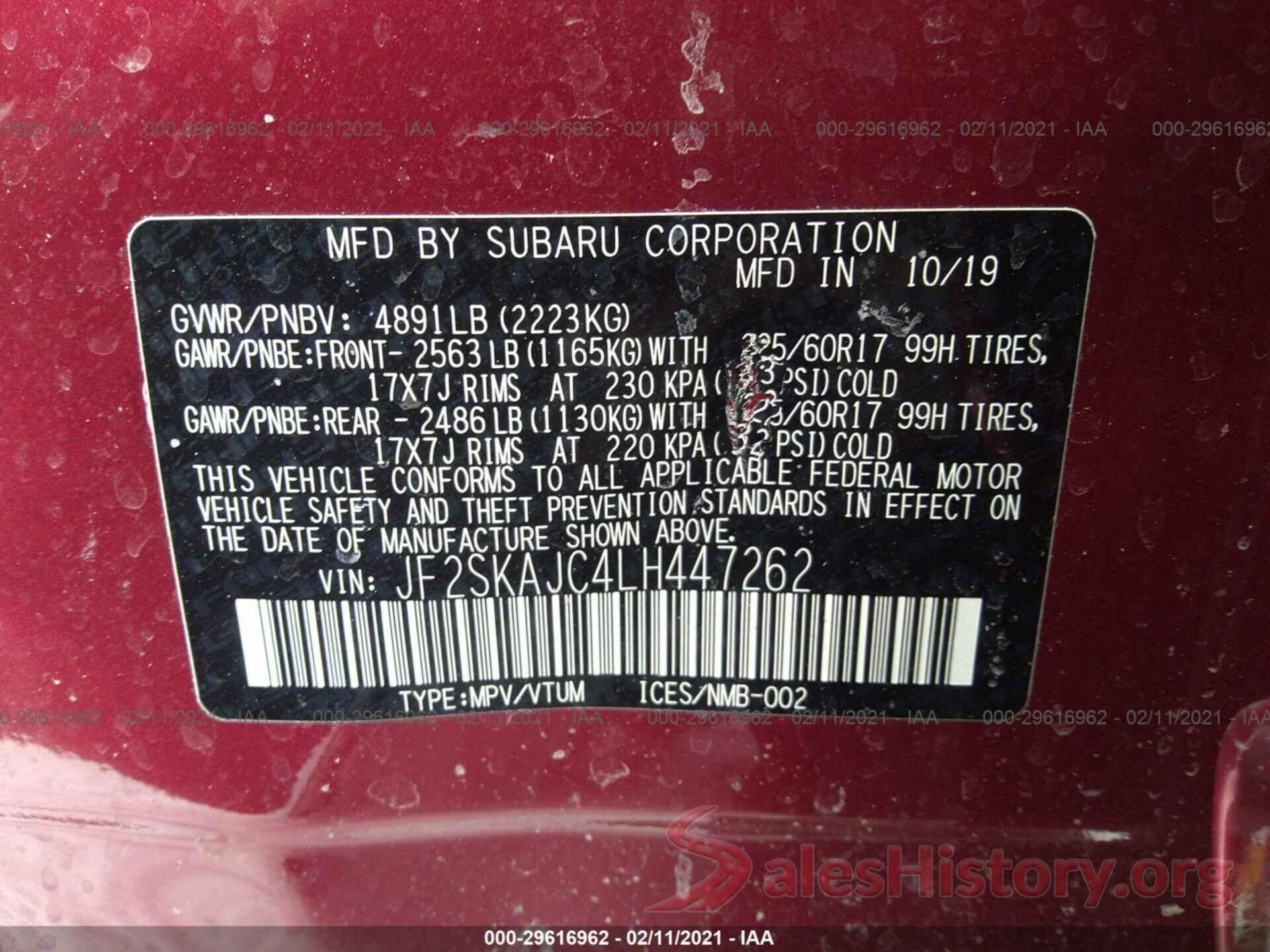 JF2SKAJC4LH447262 2020 SUBARU FORESTER