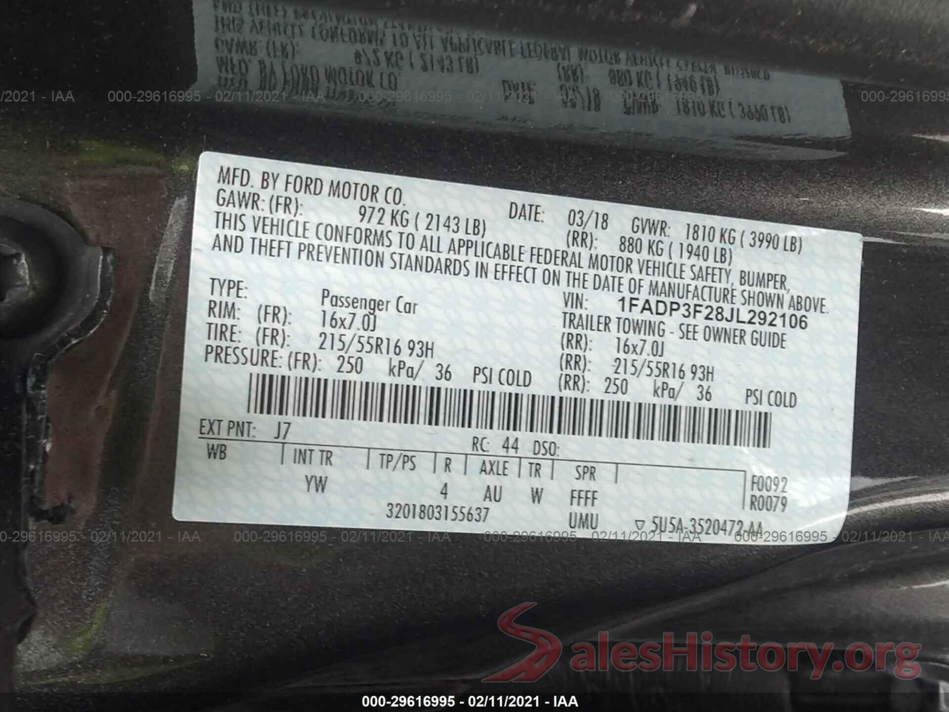 1FADP3F28JL292106 2018 FORD FOCUS