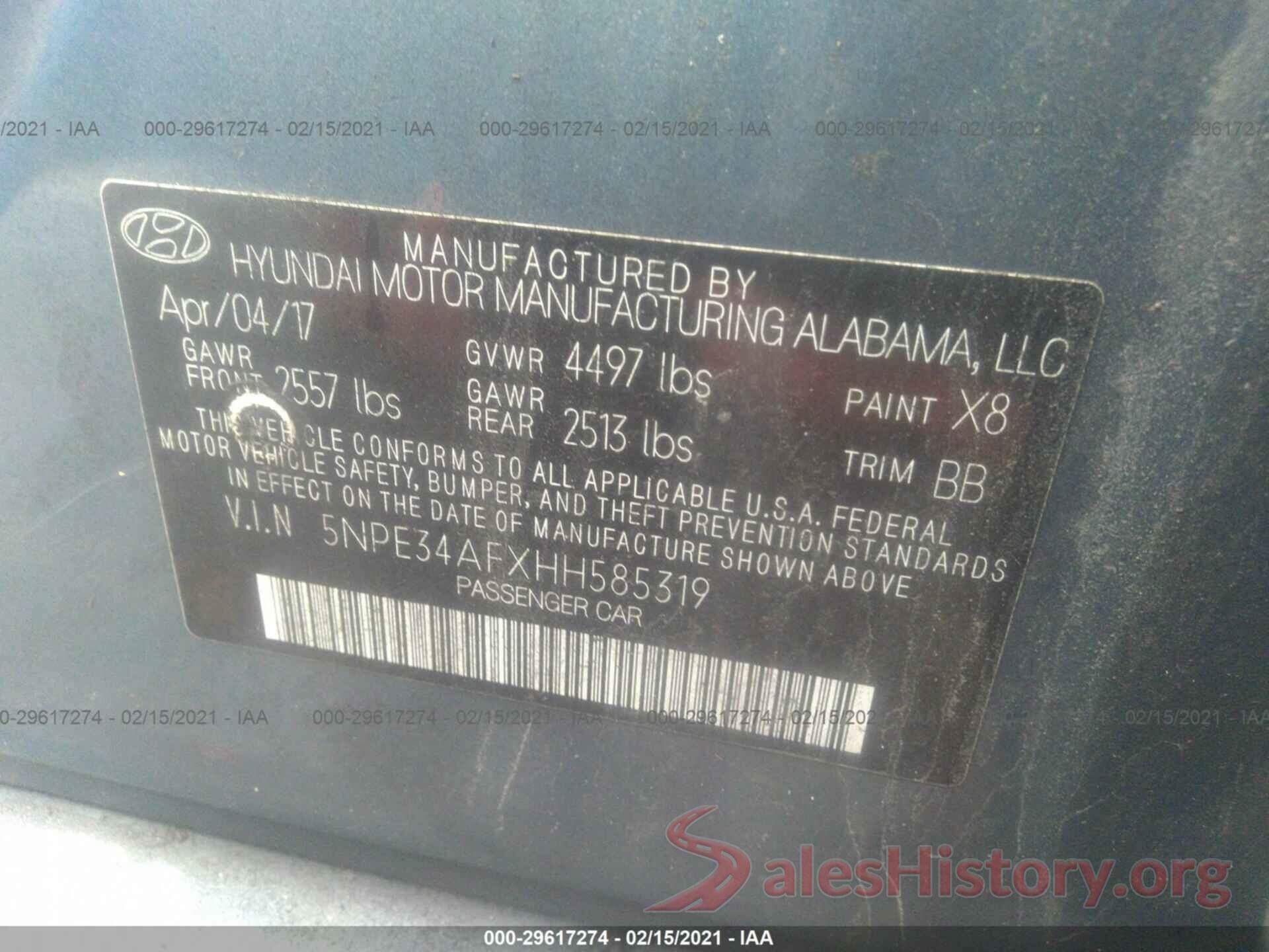 5NPE34AFXHH585319 2017 HYUNDAI SONATA