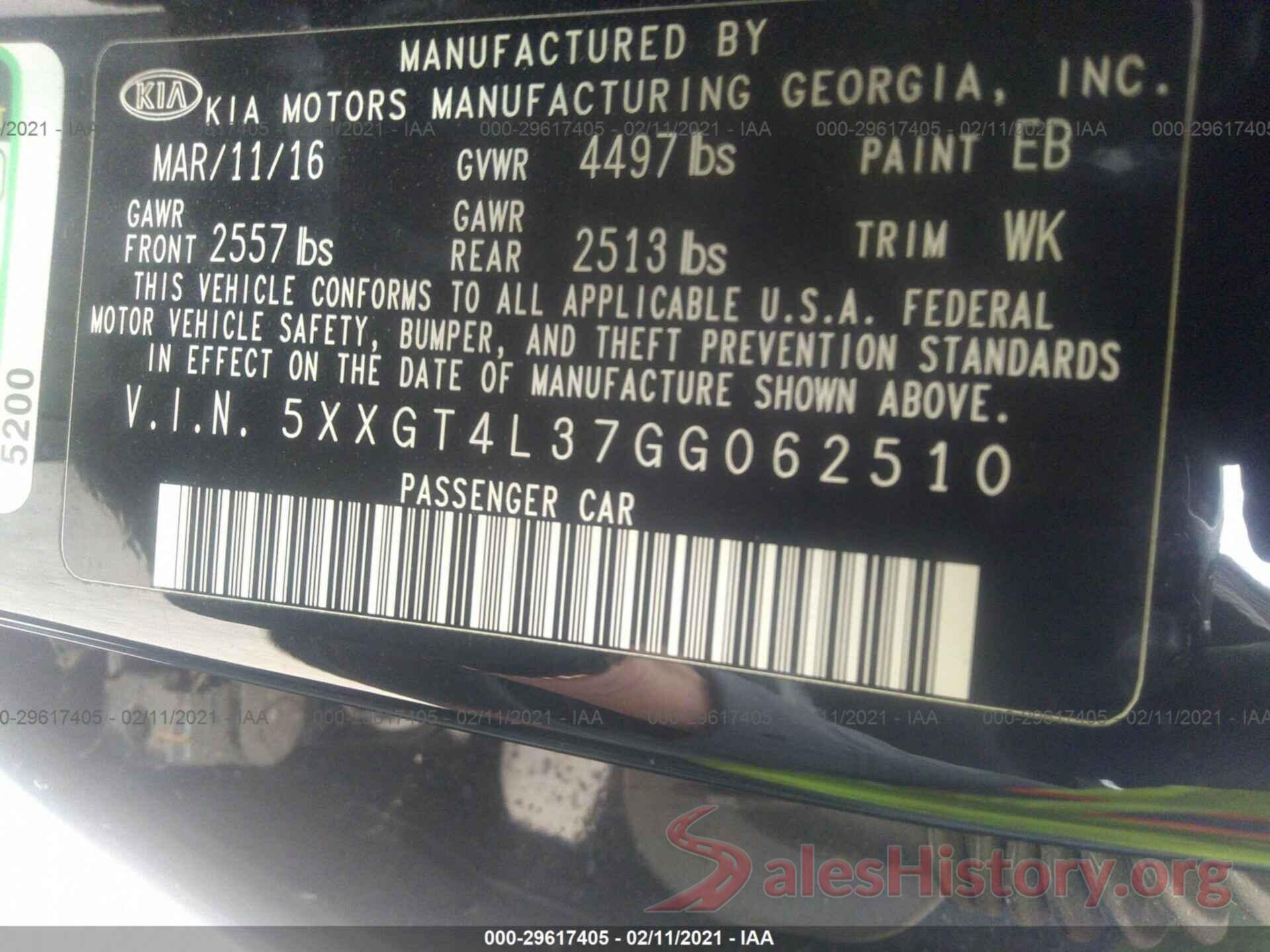 5XXGT4L37GG062510 2016 KIA OPTIMA