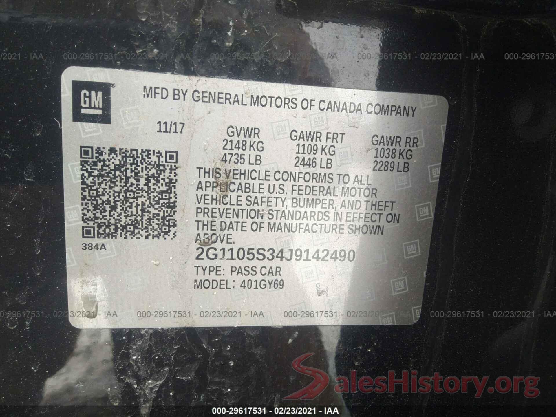 2G1105S34J9142490 2018 CHEVROLET IMPALA