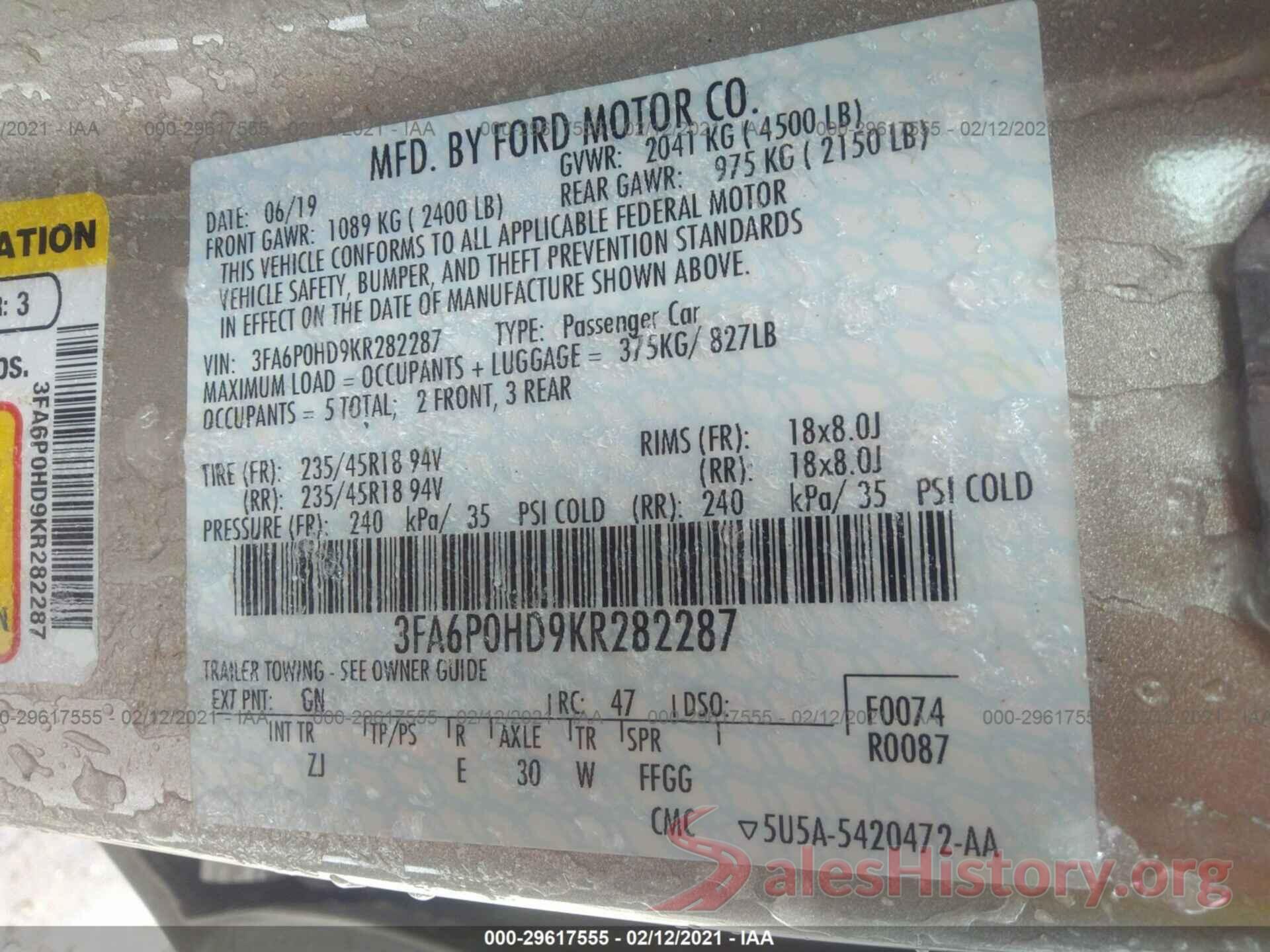 3FA6P0HD9KR282287 2019 FORD FUSION