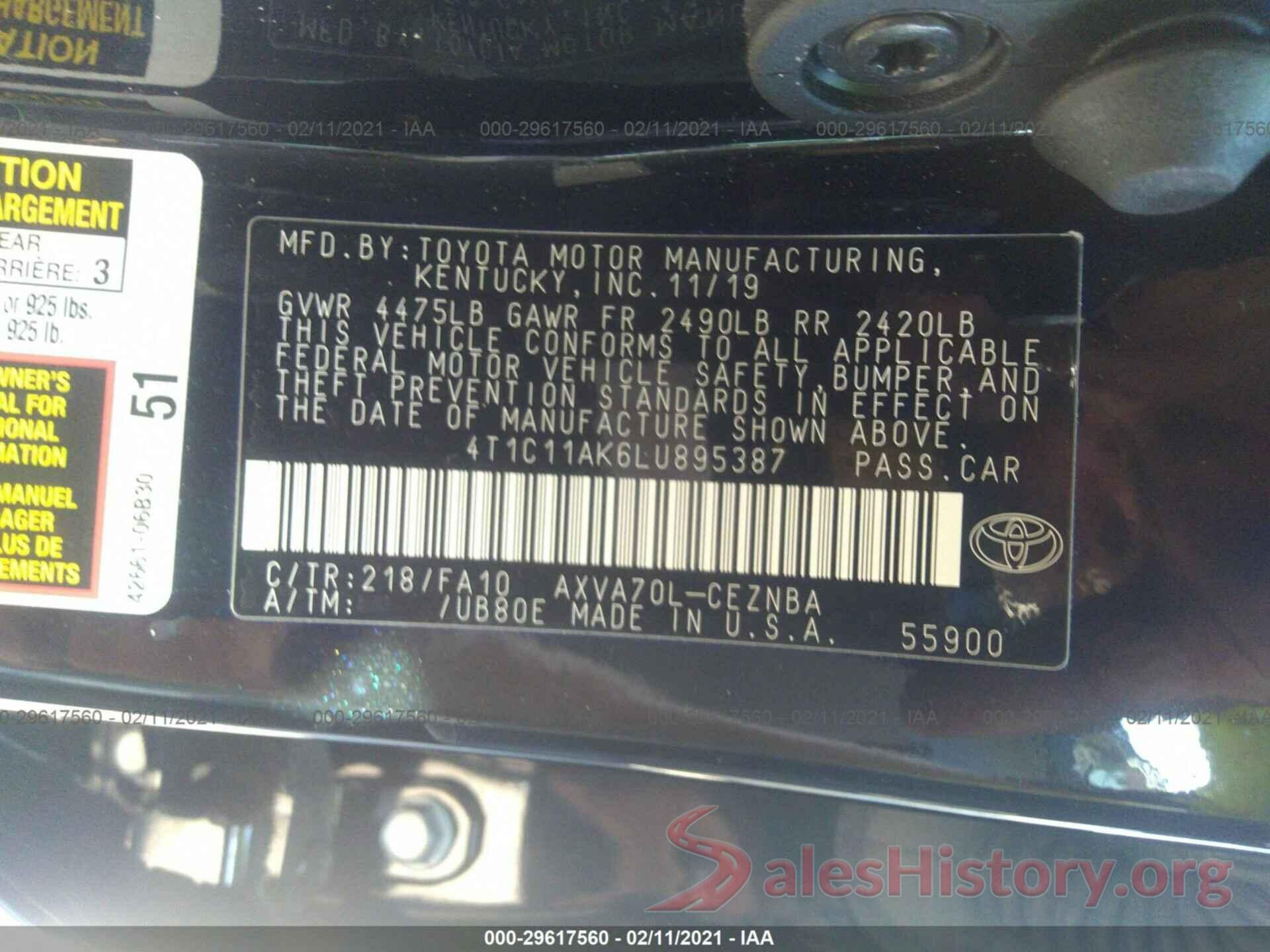 4T1C11AK6LU895387 2020 TOYOTA CAMRY