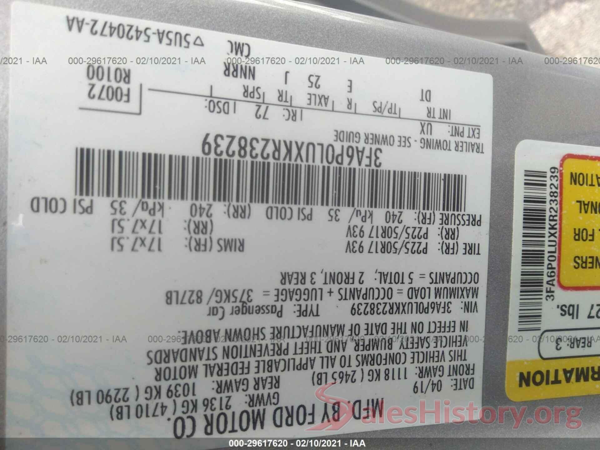 3FA6P0LUXKR238239 2019 FORD FUSION HYBRID