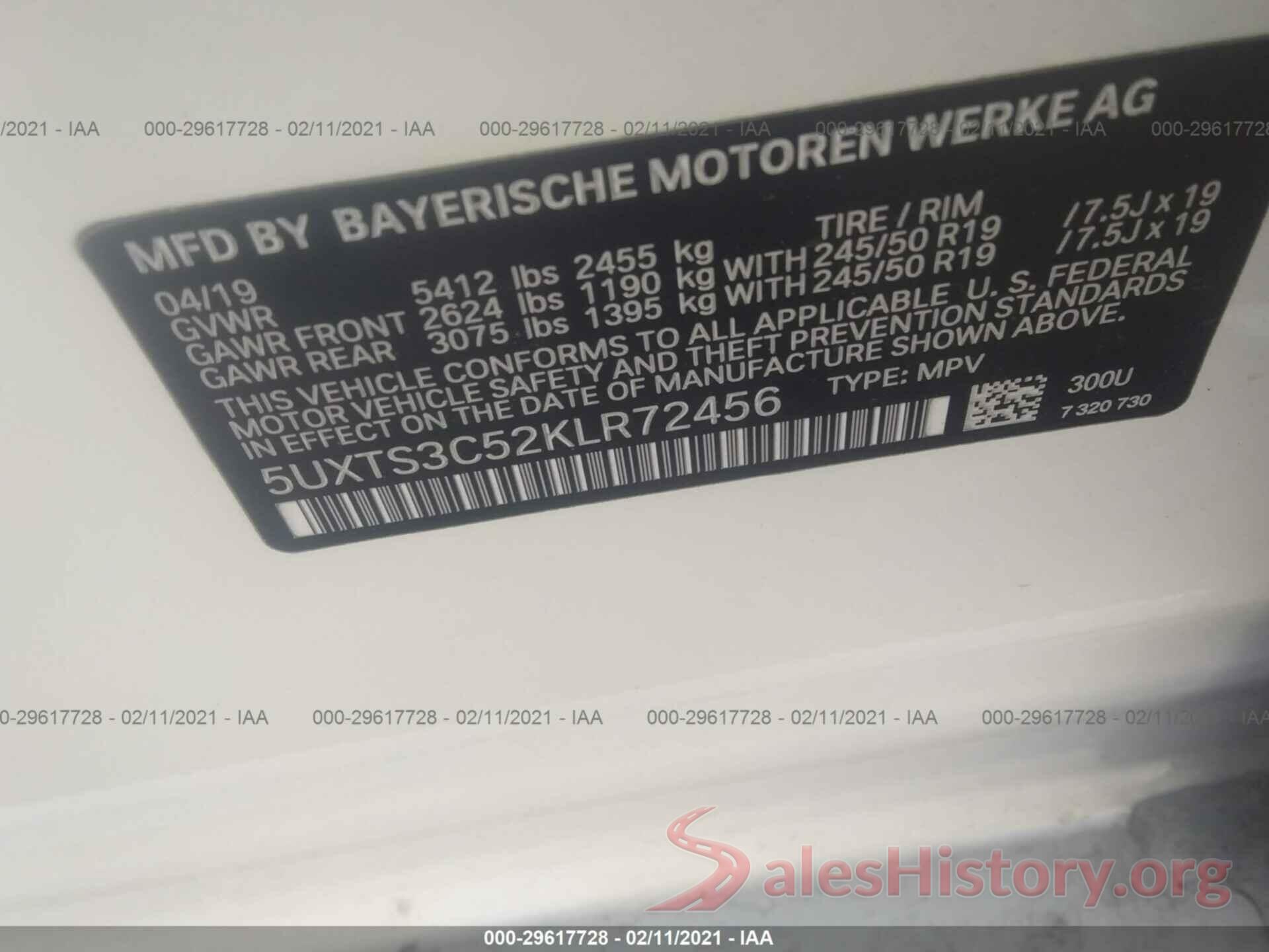 5UXTS3C52KLR72456 2019 BMW X3