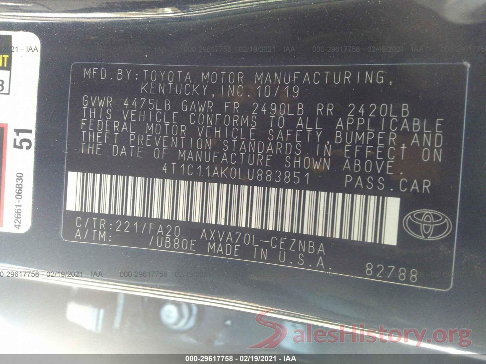 4T1C11AK0LU883851 2020 TOYOTA CAMRY