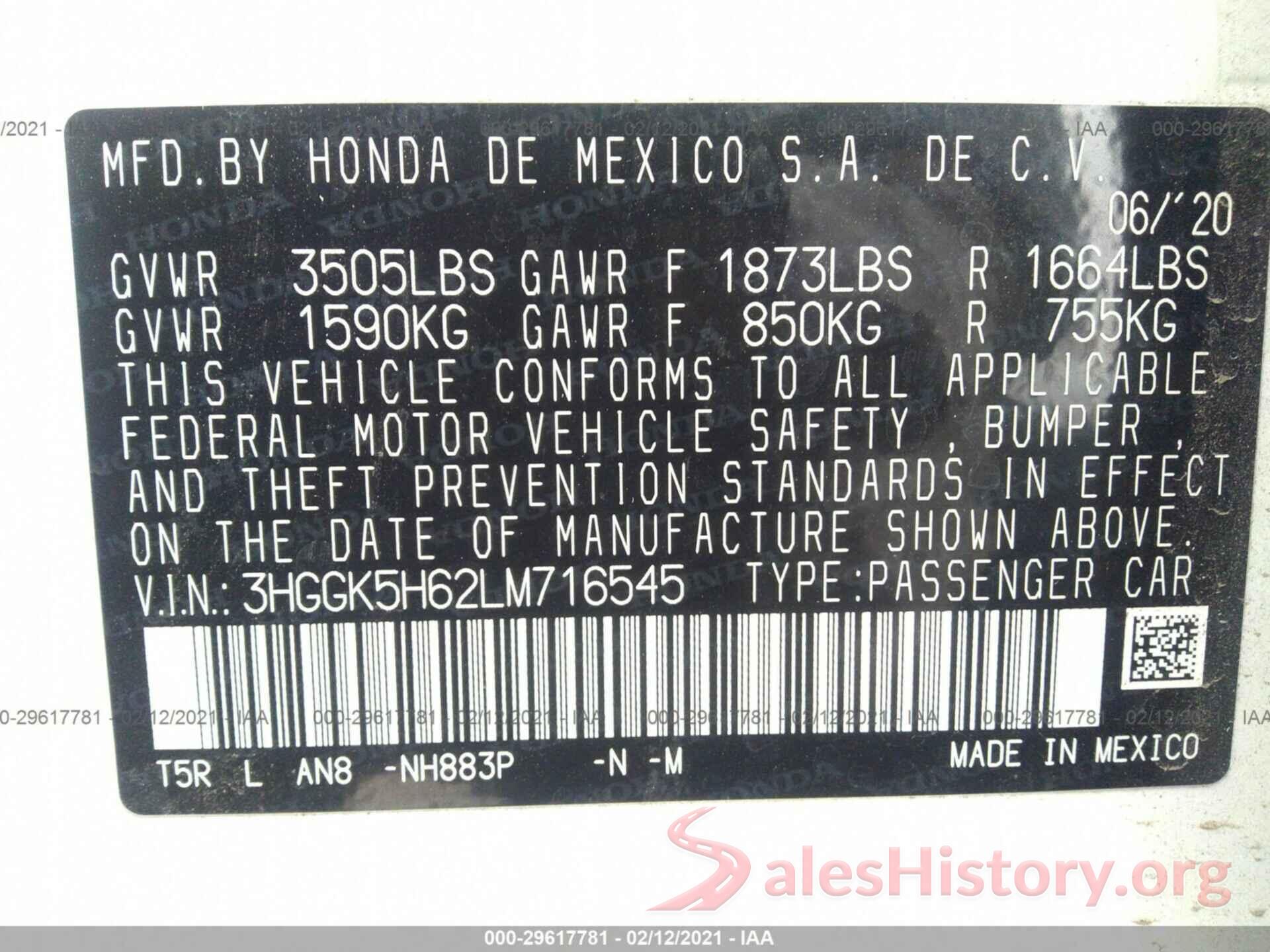 3HGGK5H62LM716545 2020 HONDA FIT