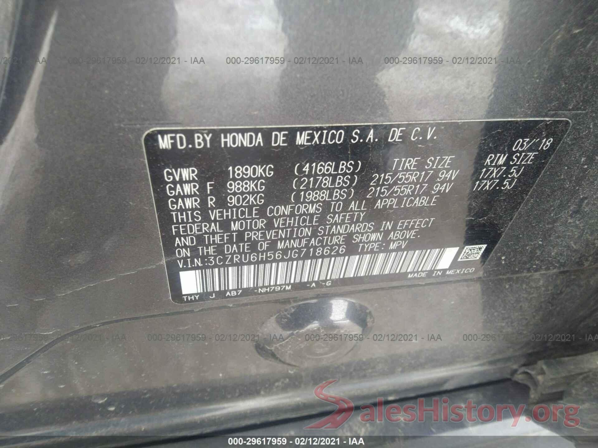 3CZRU6H56JG718626 2018 HONDA HR-V