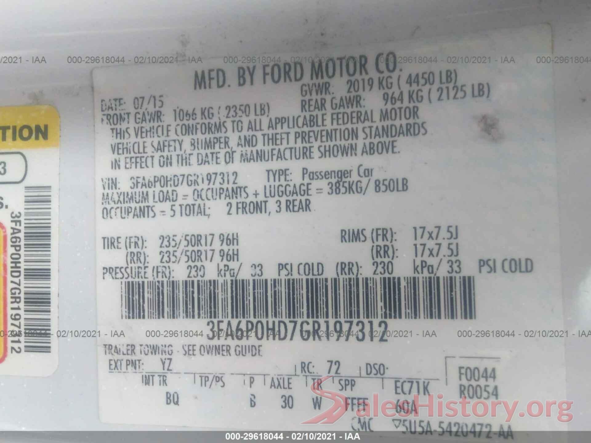 3FA6P0HD7GR197312 2016 FORD FUSION