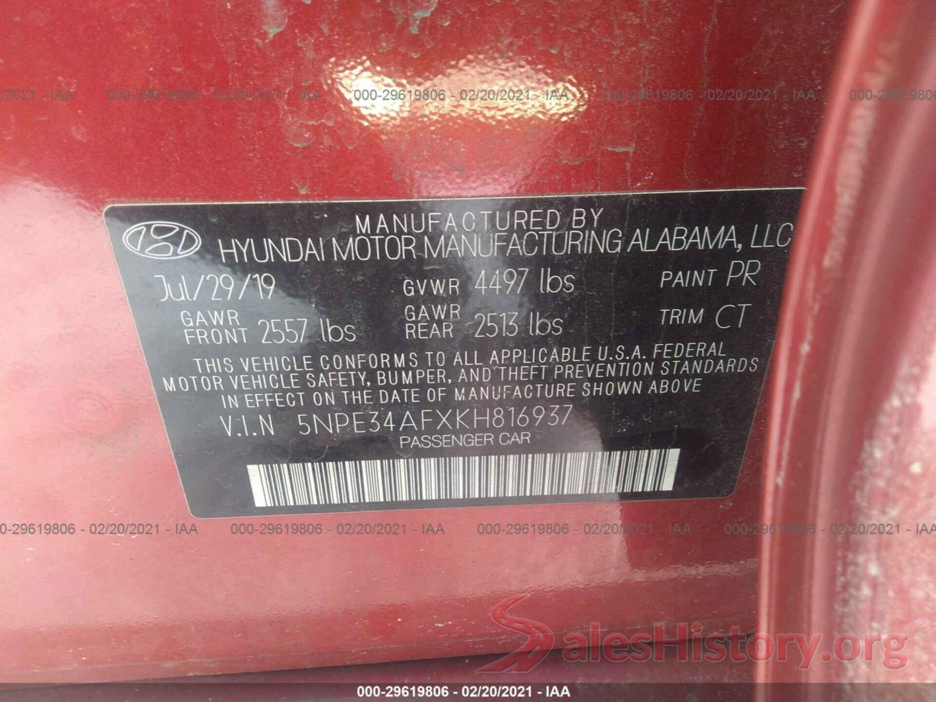 5NPE34AFXKH816937 2019 HYUNDAI SONATA