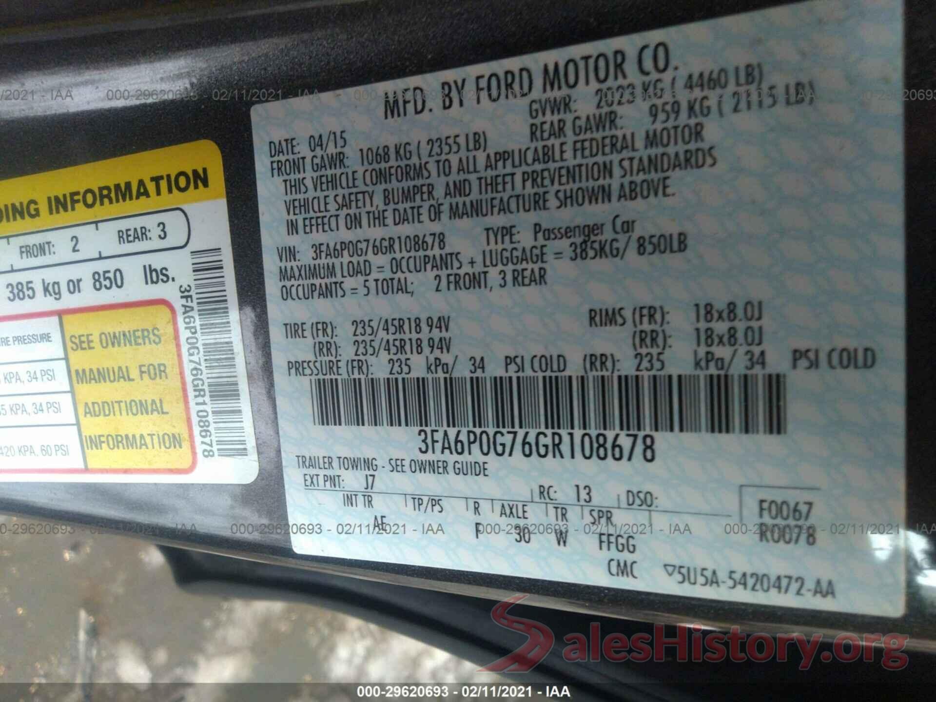 3FA6P0G76GR108678 2016 FORD FUSION